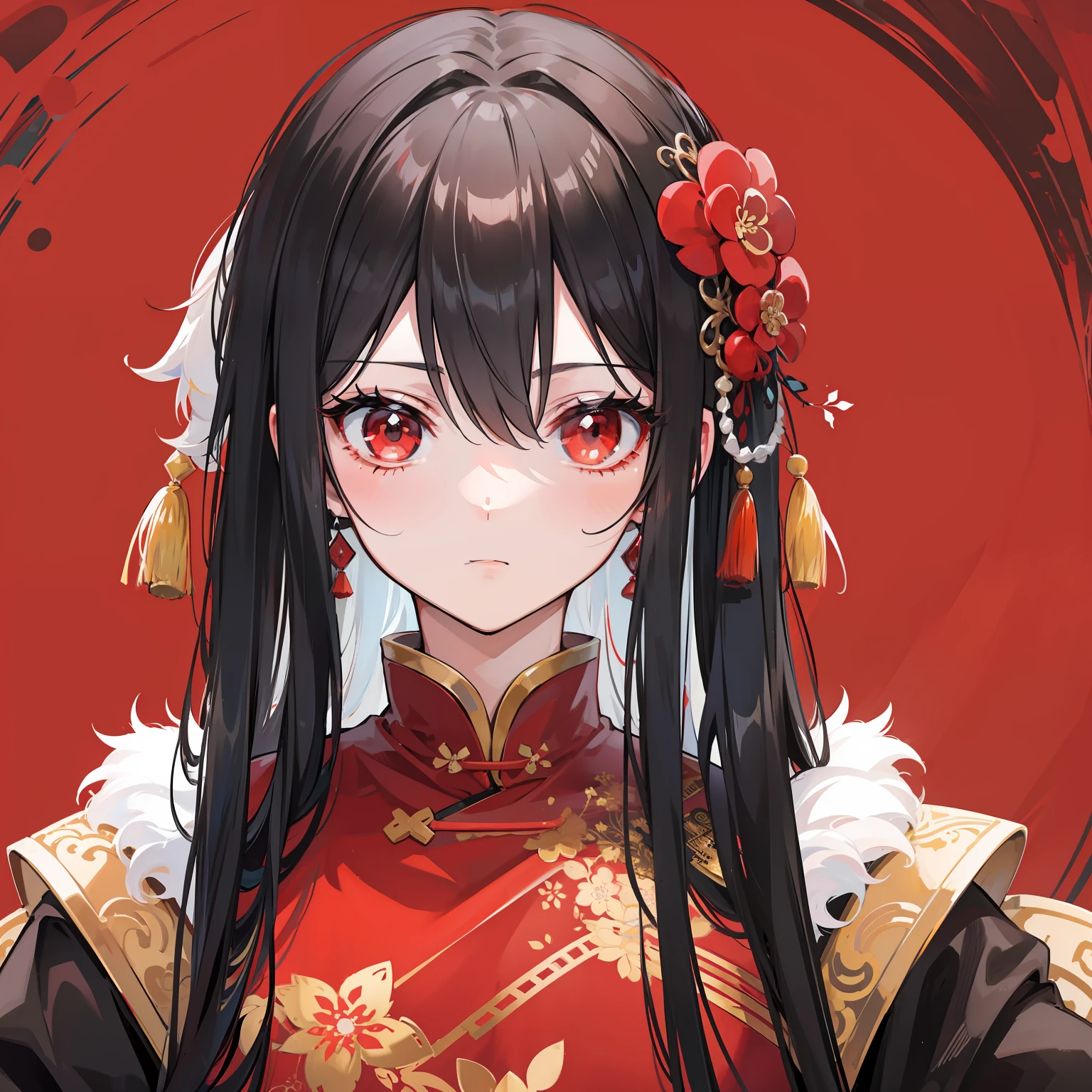 Boys and Men，Pure black hair，adolable，long whitr hair，red color eyes，closeup of face，portrait of upper body，Wearing Chinese costumes