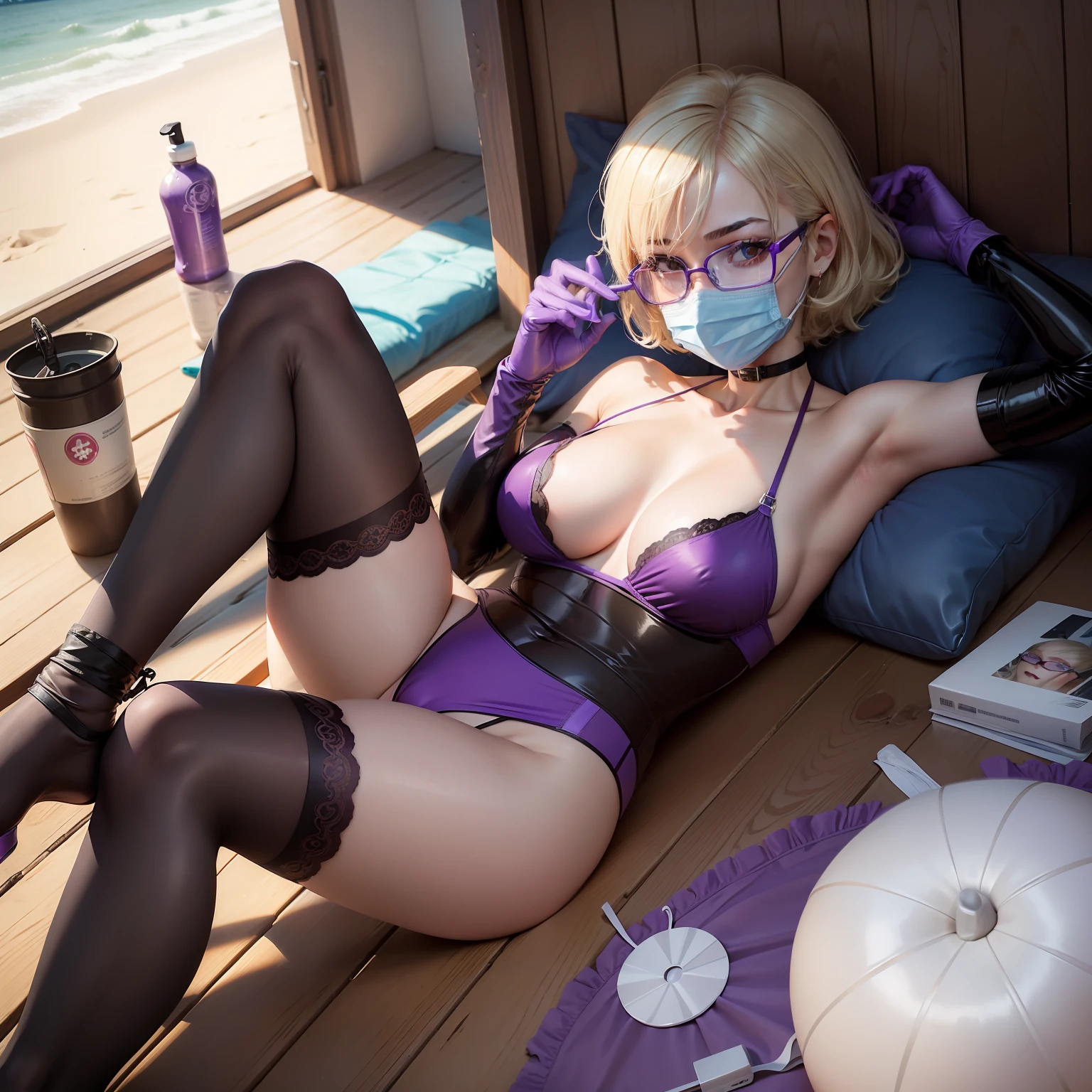 Russian women、Dental Hygienist、surgical mask、rubber glove、Purple Lingerie、the beach、lying back、eye glasses、tights、a blond、short-cut