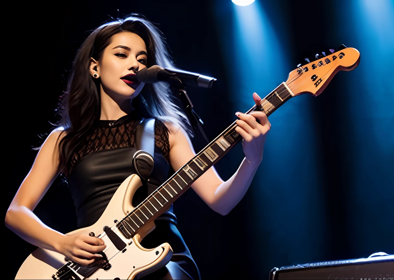Alafed woman in black dress holding guitar, the girl plays the guitar, holding a electric guitar, holding an electric guitar, holding electric guitar, holding electric guitar, Woman Playing Guitar, Holding a guitar, Playing electric guitar, plays the guitar, playing guitar onstage, Playing the guitar, carrying a guitar, Playing guitar, guitarrist, lead guitar, guitar solo