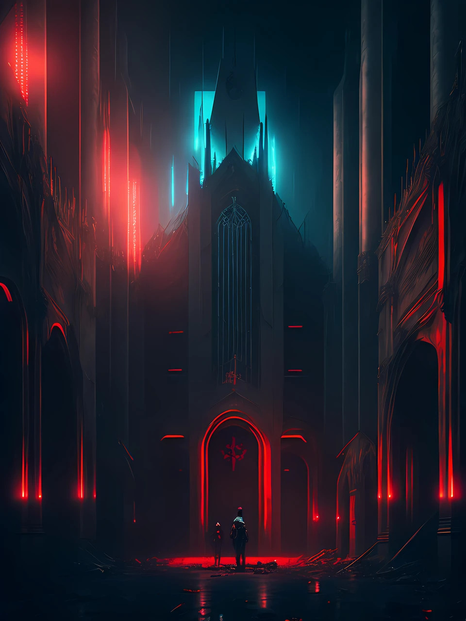 gloomy portrait of Bloody Hospital from france during world war 1 with full of people, intricate angular cybernetic implants inside a brutalist building, gothic brutalist cathedral, cyberpunk, award-winning photo, bokeh, neon lights, cybernetic limb