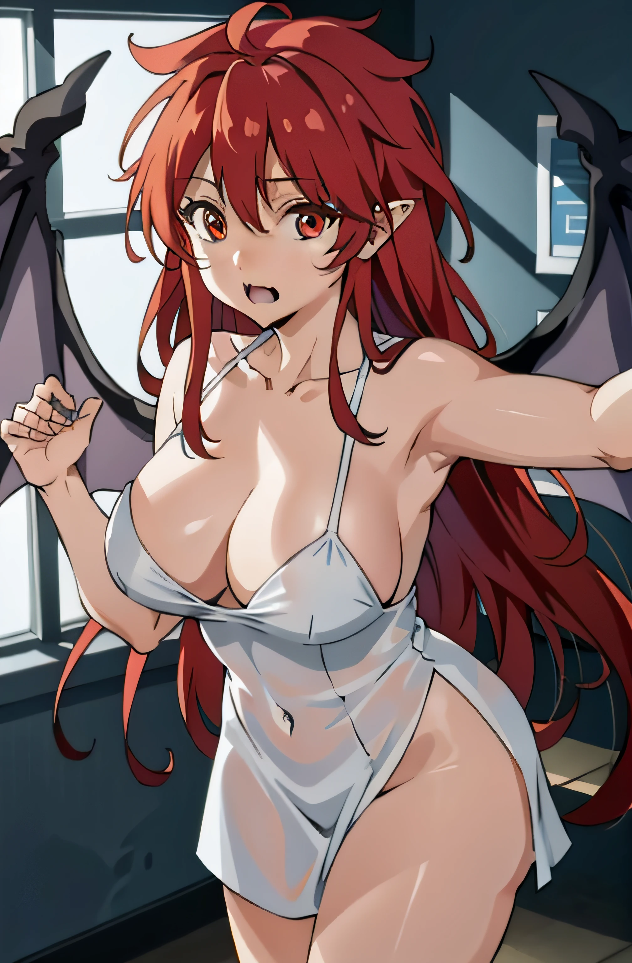 MariSetogoya, 1girl, long hair, red eyes, red hair, wings, pointy ears, fang, bat wings, demon wings, large breasts, navel, cleavage, collarbone, best quality, (Best Illustration), 8k Resolution, Intricate Details, Best Quality, Realistic, Ultra Detailed, Best Lighting, Best Shadows, Ultra HD, 2B(NieR) dress
