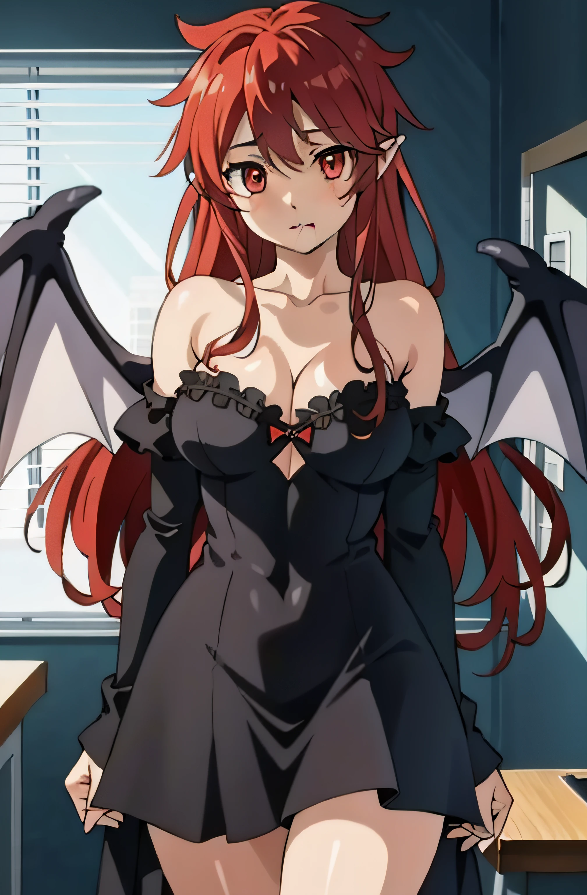 MariSetogoya, 1girl, long hair, red eyes, red hair, wings, pointy ears, fang, bat wings, demon wings, large breasts, navel, cleavage, collarbone, best quality, (Best Illustration), 8k Resolution, Intricate Details, Best Quality, Realistic, Ultra Detailed, Best Lighting, Best Shadows, Ultra HD, 2B(NieR) dress