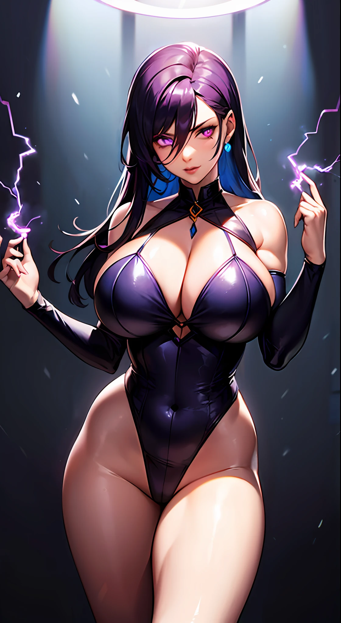 (solo:1.4), electrician, electrician suit, long purple hair, purple eyes, glowing eyes, shiny clothes, dramatic lighting, fixing wiring, electric burst from wire, seductive, milf, mature female, thicc sexy female