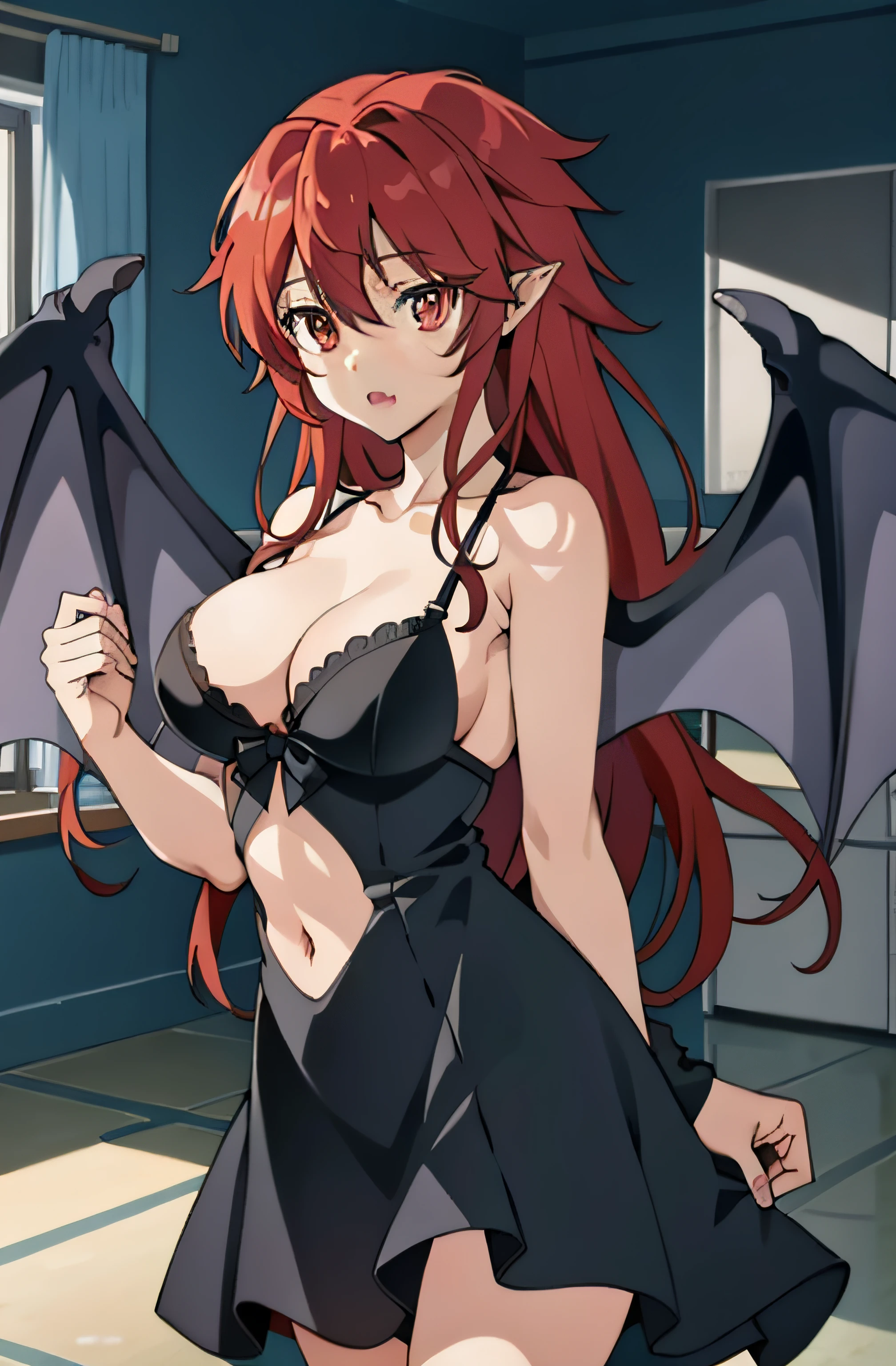 MariSetogoya, 1girl, long hair, red eyes, red hair, wings, pointy ears, fang, bat wings, demon wings, large breasts, navel, cleavage, collarbone, best quality, (Best Illustration), 8k Resolution, Intricate Details, Best Quality, Realistic, Ultra Detailed, Best Lighting, Best Shadows, Ultra HD, 2B(NieR) dress