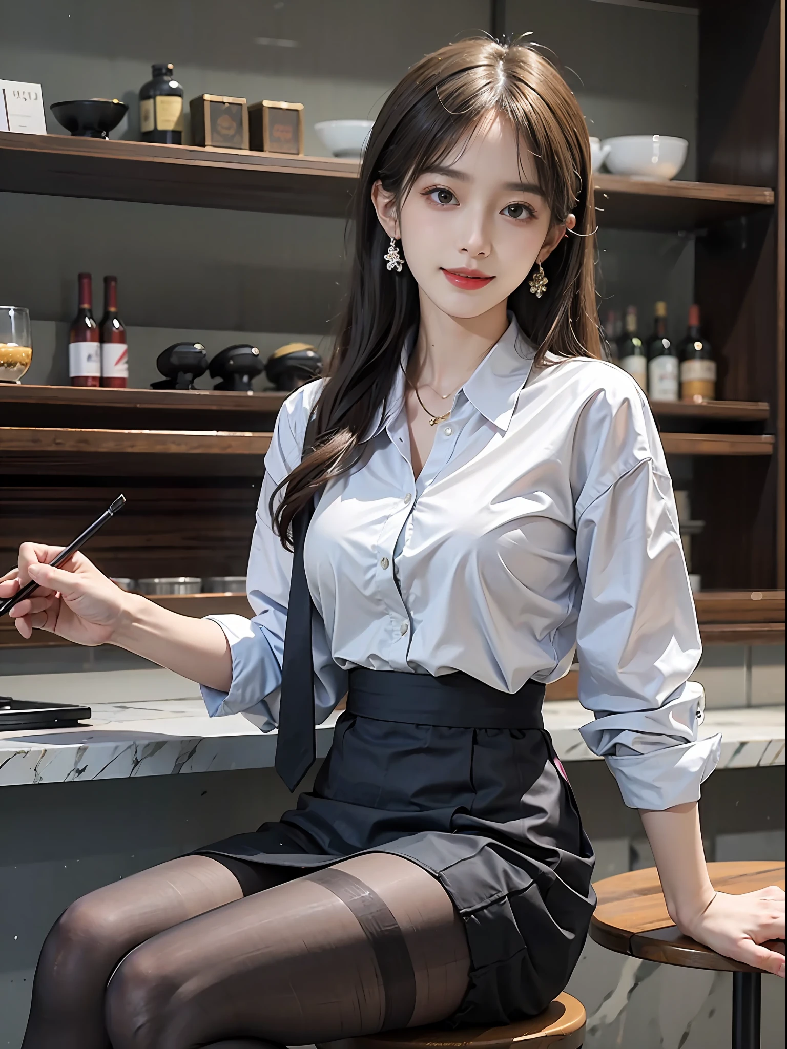 Exquisite, masterpiece, beautiful details, colorful, delicate details, delicate lips, intricate details, large breasts, 1 female, (a beautiful 20-year-old cute Korean woman: 1.1), (kpop idol, Korean mixed), (50mm Sigma f/1.4 ZEISS lens, F1.4, 1/800s, ISO 100, photograpy:1.1), (brunetize: 1.2), (photorealistic:1.4 ), (SPY:1.2), (Open Jacket,Shirt, Skirt,Tie,Black Pantyhose,Christian Louboutin\(Brand\),:1.3), Earrings, Necklace, Armbands, (Tavern, Bar:1.2), (Beautiful Legs, High Girl, Skinny, slim_legs, thigh_gap, Model:1.2), Lens flare, viewed from the front, (Happy smile: 1.1), dynamic pose, (makeup: 1.2), sitting on a bar stool,
