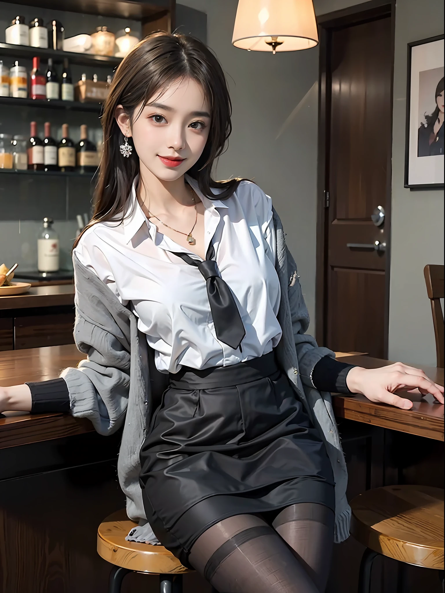 Exquisite, masterpiece, beautiful details, colorful, delicate details, delicate lips, intricate details, large breasts, 1 female, (a beautiful 20-year-old cute Korean woman: 1.1), (kpop idol, Korean mixed), (50mm Sigma f/1.4 ZEISS lens, F1.4, 1/800s, ISO 100, photograpy:1.1), (brunetize: 1.2), (photorealistic:1.4 ), (SPY:1.2), (Open Jacket,Shirt, Skirt,Tie,Black Pantyhose,Christian Louboutin\(Brand\),:1.3), Earrings, Necklace, Armbands, (Tavern, Bar:1.2), (Beautiful Legs, High Girl, Skinny, slim_legs, thigh_gap, Model:1.2), Lens flare, viewed from the front, (Happy smile: 1.1), dynamic pose, (makeup: 1.2), sitting on a bar stool,