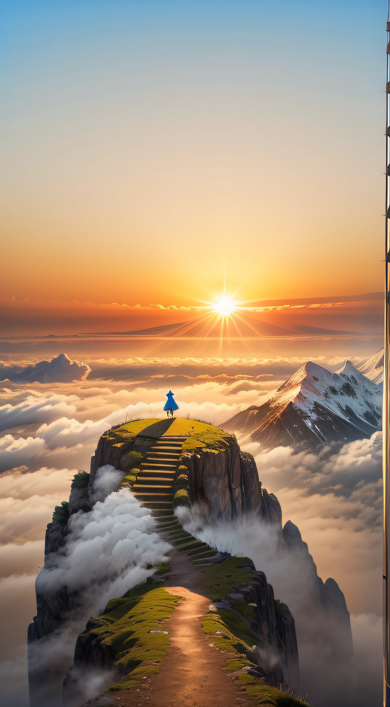 A view of the top of the mountain at sunset, where there are shoots from other mountains that are also visible, there is a cloud mist lower than the top of the mountain, the rays of sunlight from the end of the horizon look very beautiful golden, the color gradation between the blue sky and the golden sun is very beautiful to look at, BREAK, (there is a girl with a backpack looking towards the sun, He looks smaller standing on the top of his own mountain, his hair fluttering in the wind)