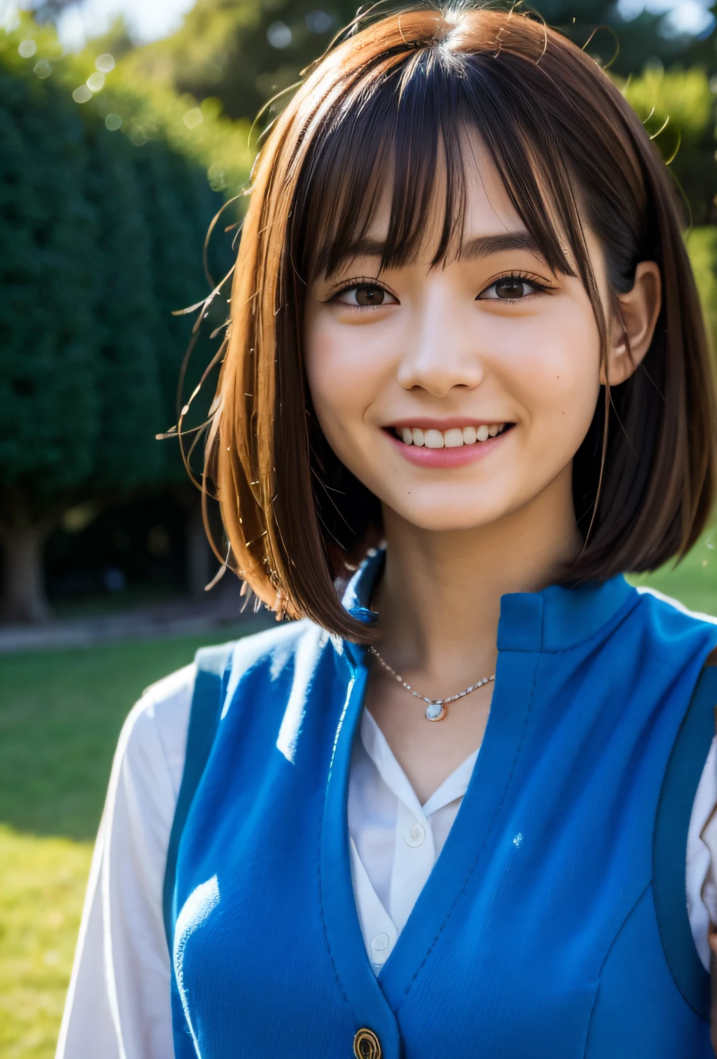 (((medium hair))), best quality, 8K, HDR, highres, absurdres:1.2, blurry background, bokeh:1.2, Photography, (RAW photo:1.2), (photorealistic:1.4), (masterpiece:1.3), (intricate details:1.2), 1girl, solo, japanese girl, delicate, beautiful detailed, (detailed eyes), (detailed facial features), petite, (((small breasts))), skin tight, (looking_at_viewer), from_front, (skinny), (best quality:1.4), (ultra highres:1.2), cinema light, (extreme detailed illustration), (lipgloss, best quality, ultra highres, depth of field, caustics, Broad lighting, natural shading, 85mm, f/1.4, ISO 200, 1/160s:0.75),1girl, solo, (((blue vest))) smile, school uniform, necklace,
