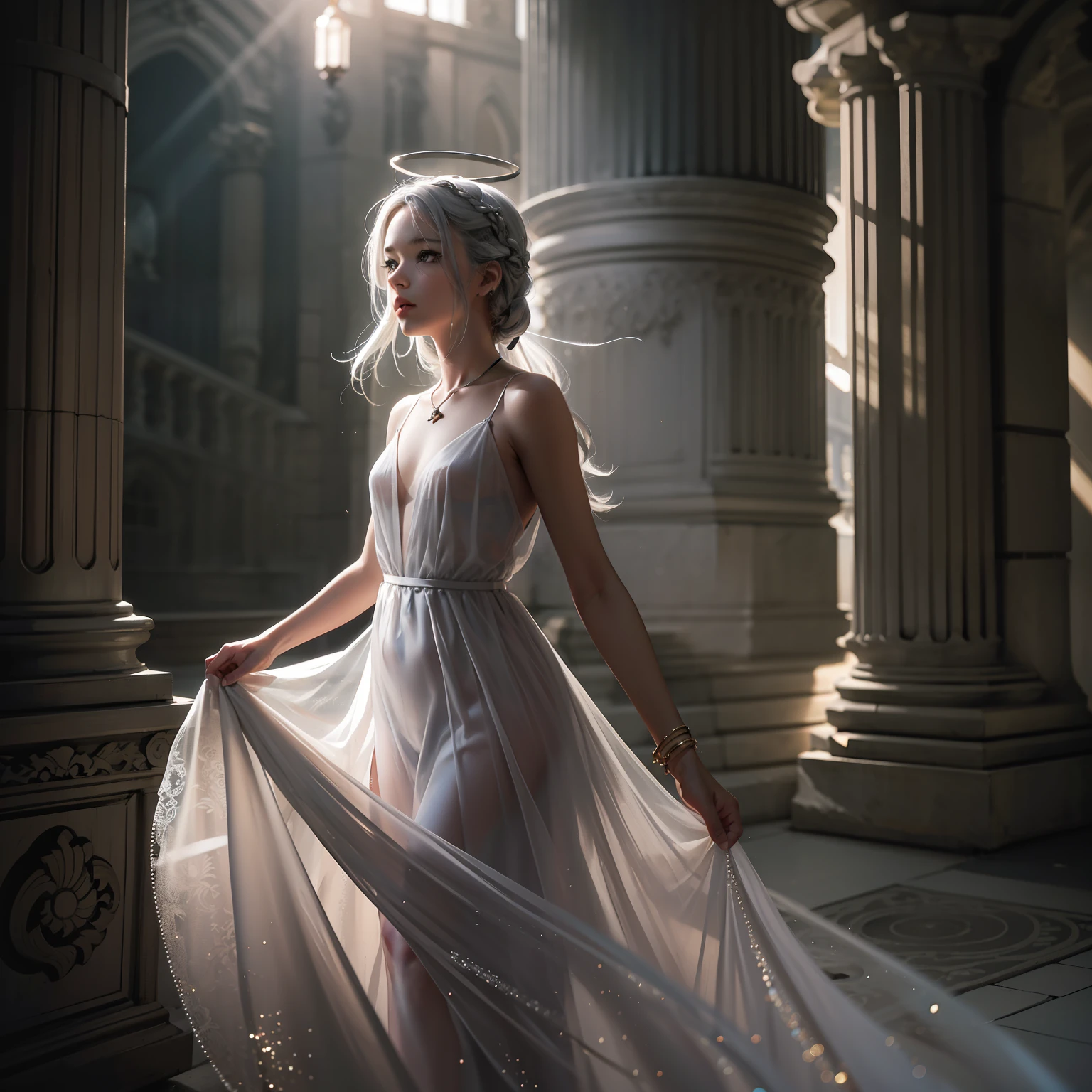 A girl in a long white dress in a European-style castle, grey hair, side braid, halo, hair ribbon, mole under eye, mismatched pupils, chiaroscuro, cinematic lighting, depth of field, motion blur, sparkle, first-person view, from below, from behind, from side, panorama, wide shot, lens flare, bokeh, UHD, masterpiece, ccurate, super detail, best quality, award winning, highres, 1080P, 16k