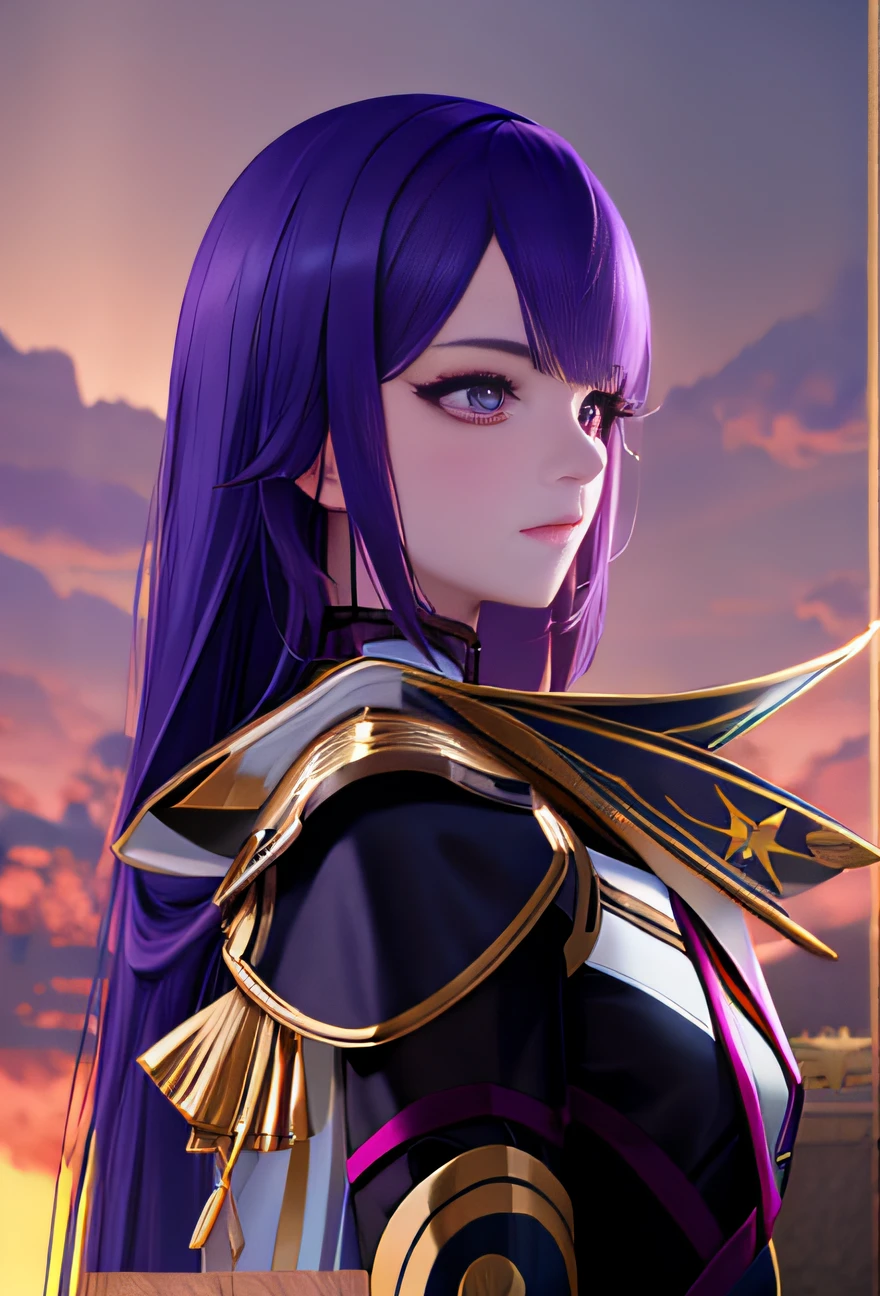 one-girl, Gorgeous Hair in Long Purple，Purple eye pupils，long eyelasher，The eyes are meticulous，veils，cinematric light，Image quality restoration，There is a headdress，Long purple eyelashes，Purple skirt,Shoulders exposed，anime cgi, Saint-Tsaire，8K，k hd，meticuloso，Meticulous facial features，Shinto Throne，Ultra-clear image quality