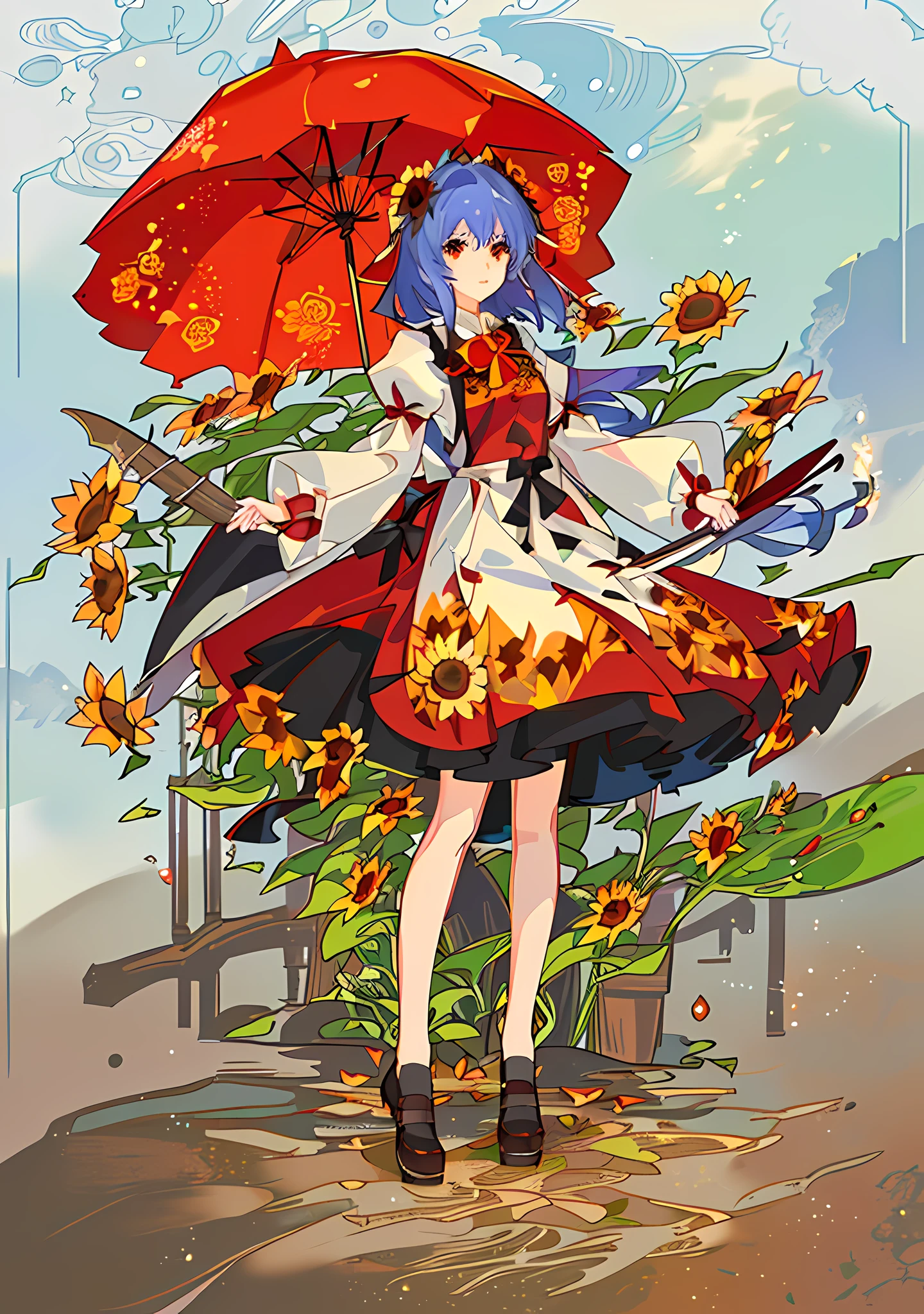 Anime girl wearing red dress,Holding a white umbrella in a sunflower field, beautiful sunflower anime girl, from touhou, loli in dress,, Loli,touhou project, Anime moe art style, scene : Sunflower field, scene: Sunflower field, ,Witches and staff