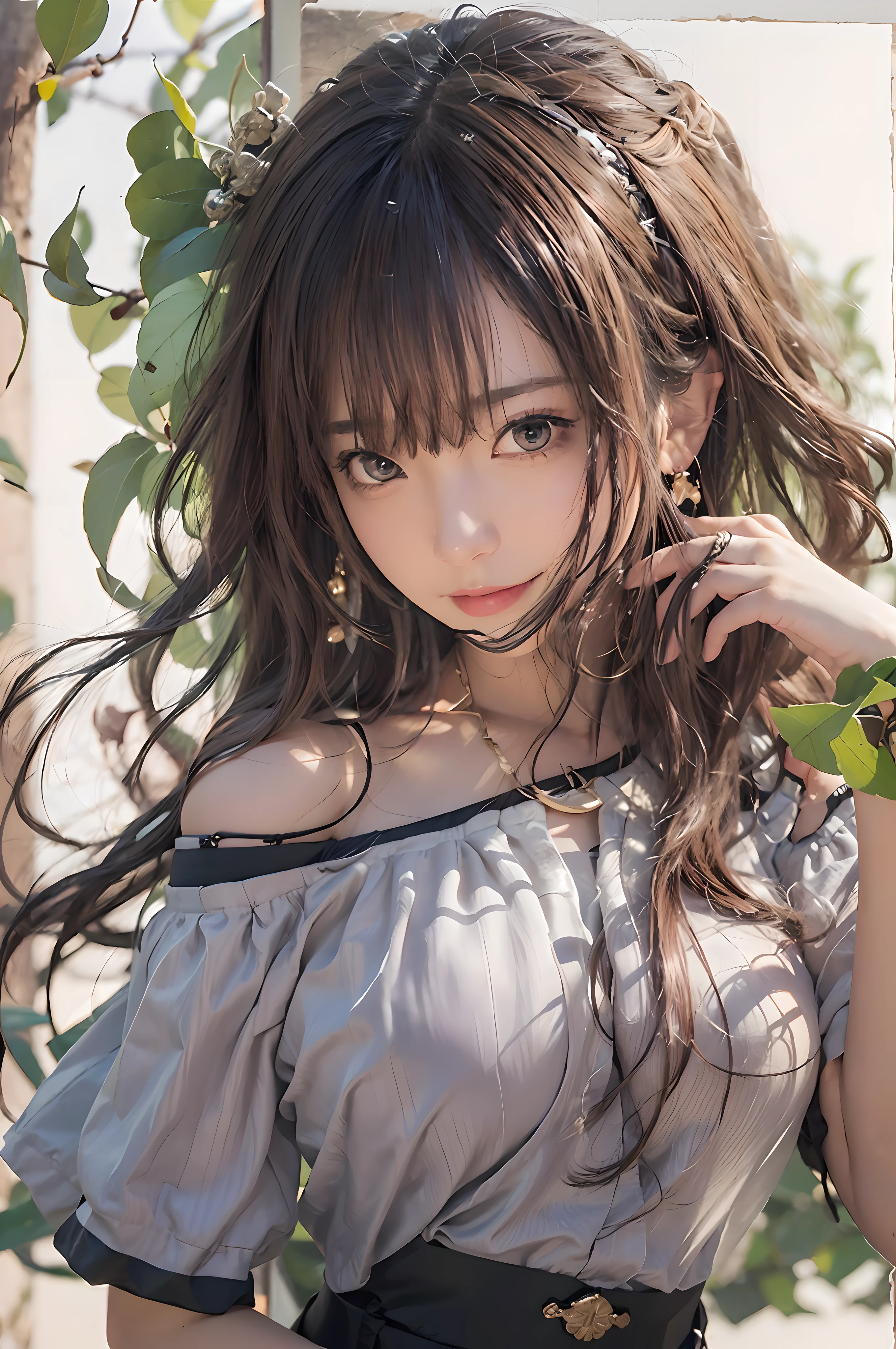 (A hyper-realistic)、(illustratio)、(hight resolution)、(8K)、(ighly detailed)、(Best Illustration)、(beautifully detailed eyes)、(beautiful detailed hair)、(top-quality)、(ultra-detailliert)、(masterpiece)、(wall-paper)、(A detailed face)、独奏、1 girl in、japanes、looking at viewert、Eight-headed body、skirt by the、Off-the-shoulder summer clothes、in the darkness nigth、deep-shadows、lowkey、pureerosfaceace_v1、smil、Brown medium straight hair、46-point diagonal bangs