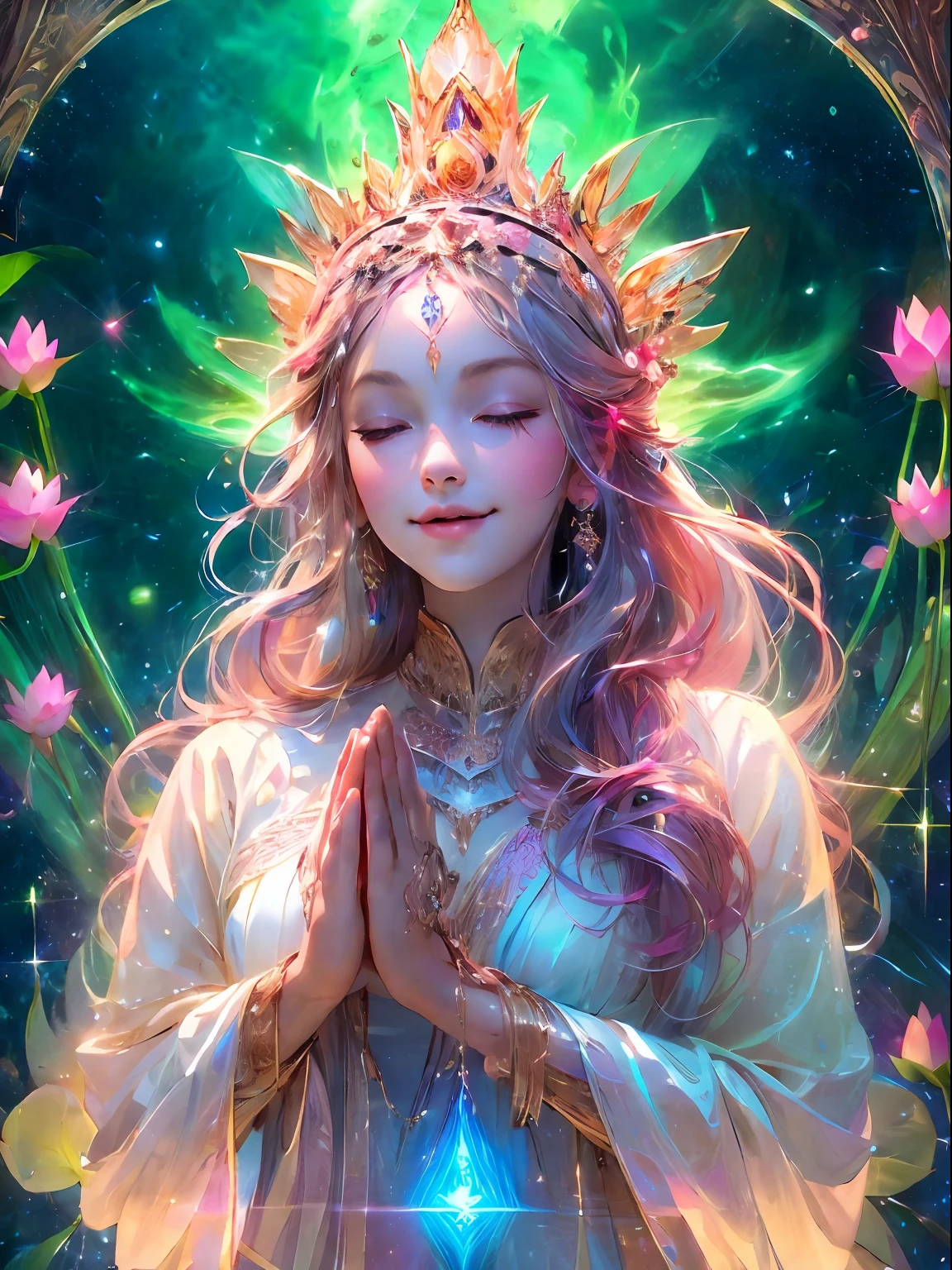 HighestQuali，tmasterpiece：1.2，Detailed details，Beautiful young goddess，gently smiling. She clasped her hands together in prayer meditation. She wore a white dress，Stars sparkle in the blue night sky, You sit on a lotus flower，In a fantastic atmosphere，You feel as if you are one with the universe. High definition, 8K