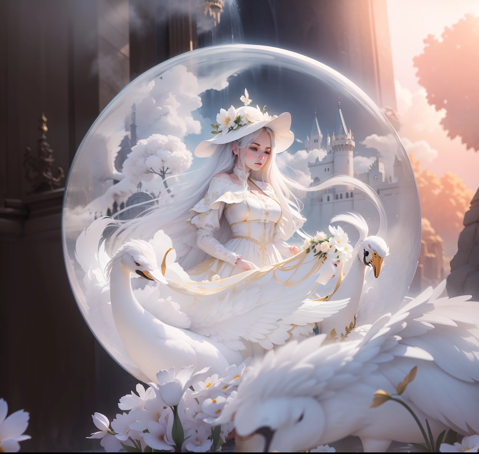 Flowers like castles from a golden spring tower over a beautiful Lady fare, in the spring of eternal youth she bathes her alabaster form to a symphony of trumpeter swans the flay in the sunbeam shy of assure and cotton cloud A extreme 90 meters long shot octane render, high quality hyperdetailed 24k photorealistic