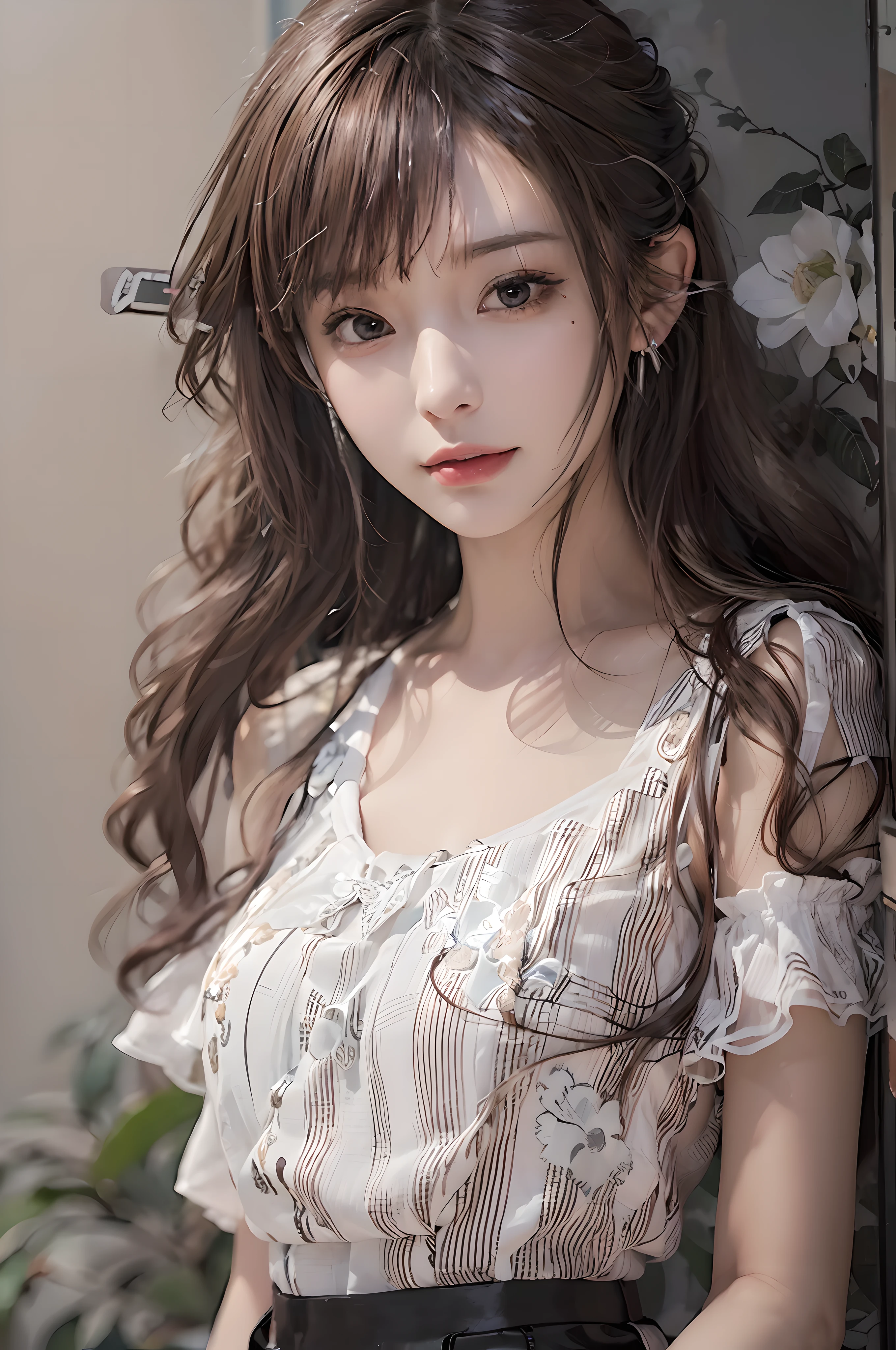 (A hyper-realistic)、(illustratio)、(hight resolution)、(8K)、(ighly detailed)、(Best Illustration)、(beautifully detailed eyes)、(top-quality)、(ultra-detailliert)、(masterpiece)、(wall-paper)、(A detailed face)、独奏、1 girl in、japanes、looking at viewert、fine detailed、A detailed face、White ONE PIECE DRESS、in the darkness nigth、deep-shadows、lowkey、pureerosfaceace_v1、smil、beautiful hairl、Brown medium straight hair、46-point diagonal bangs、