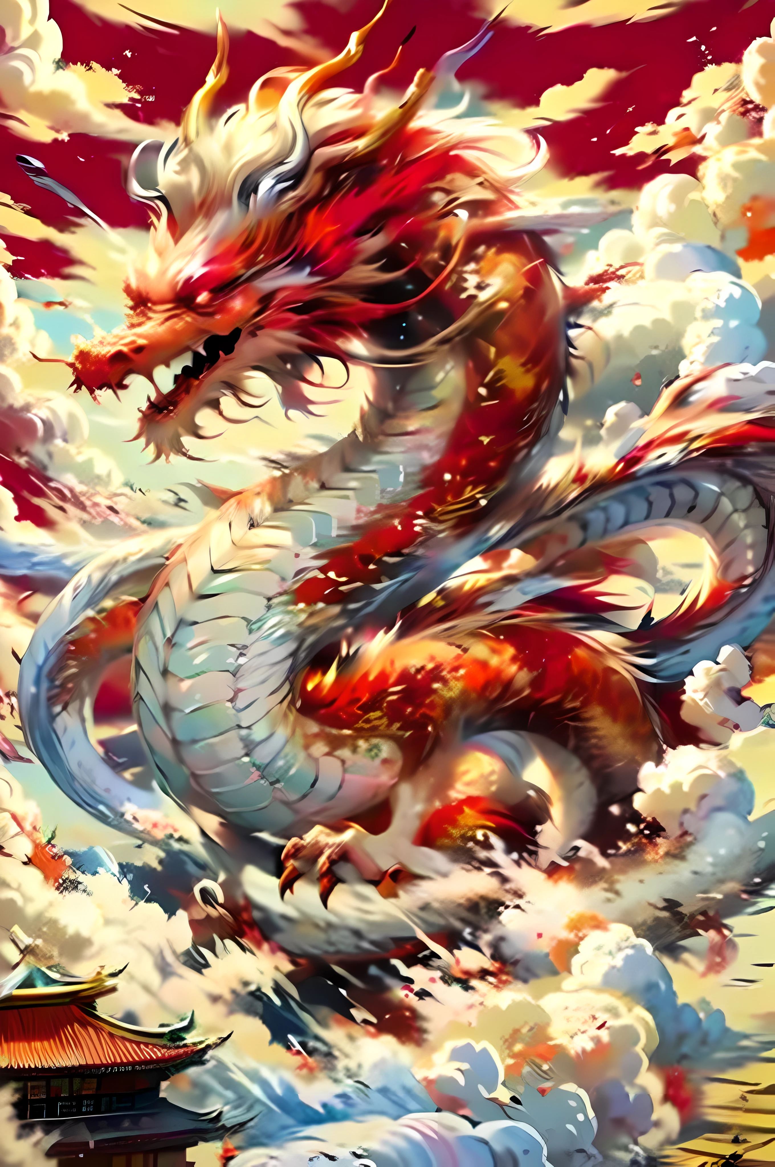 Best quality at best,tmasterpiece,超高分辨率,without humans,(The long:1.2),,without humans,clouds,buliding,east asian architecture,red eyes,banya,with her mouth open,Skysky,Fang,Red oriental dragon,(The whole body is red:1.5)mostly cloudy sky,teeth,flight,firey,The bird,Wings