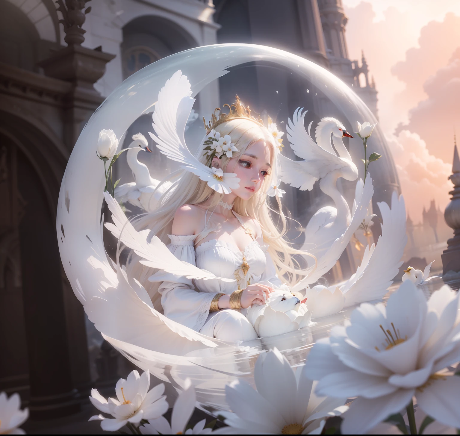 Flowers like castles from a golden spring tower over a beautiful Lady fare, in the spring of eternal youth she bathes her alabaster form to a symphony of trumpeter swans the flay in the sunbeam shy of assure and cotton cloud A extreme 90 meters long shot octane render, high quality hyperdetailed 24k photorealistic