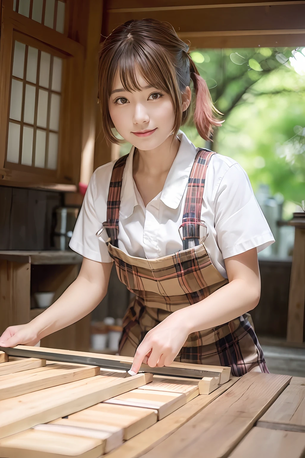 Best Quality, 超A high resolution,Photorealsitic,Beautiful carpenter girl in Japan、Smile,Light brown and shocking pink striped hair,Straight short hair,poneyTail、hair pin、Colossal tits、Japan Temple Carpenter Men's Uniform,Cutting wood with a planer on a woodworking shop workbench、Work professionally、Planing at scale、Beautiful fingertips、Sunlight、Movie Light、