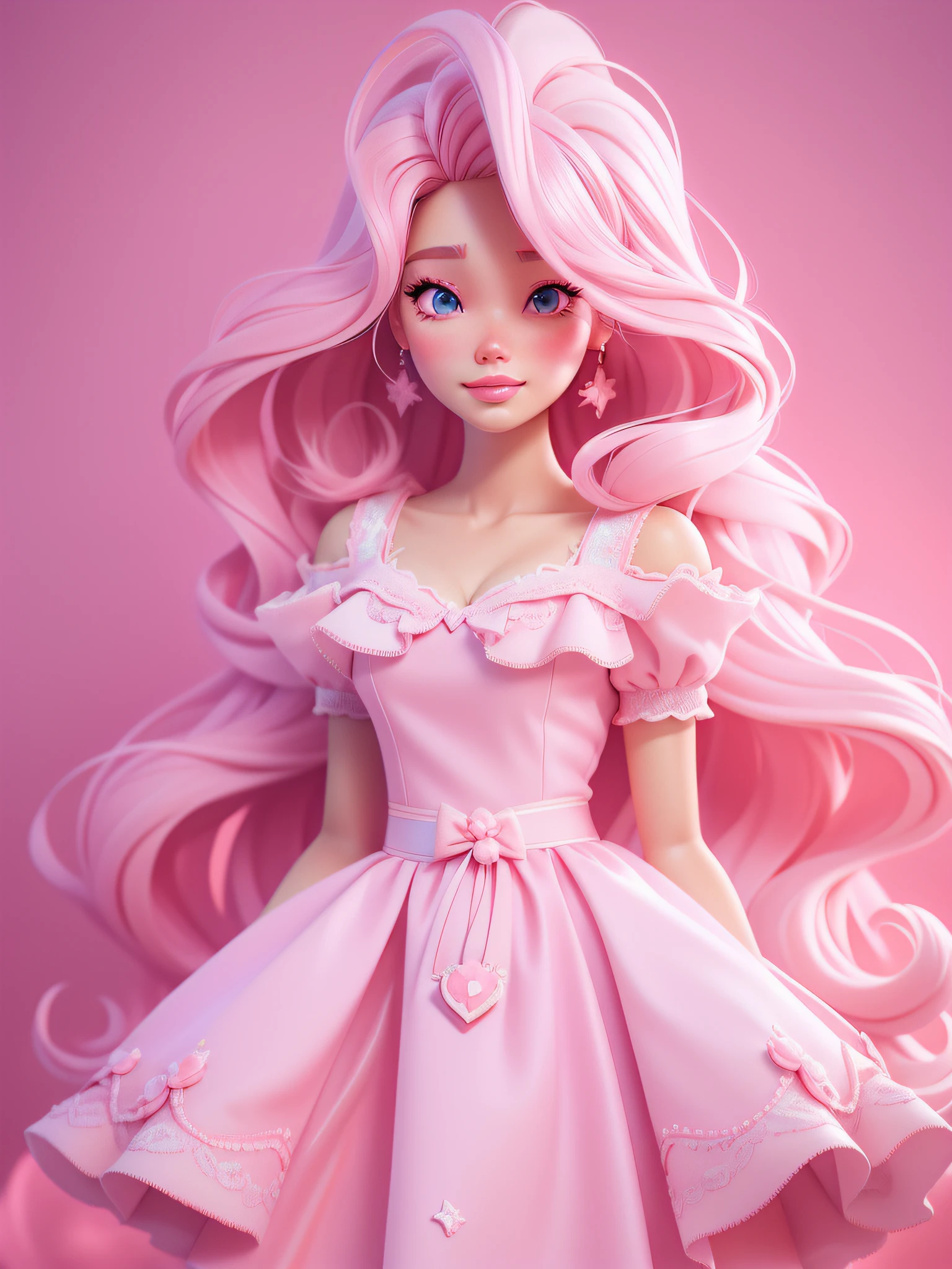 dynamic lighting, A Barbie princess wearing a lovely pink dress, a cinematic pink haze, encountering celestial wonders made of cotton candy, bathed in soft pastel lighting. The image is extremely detailed, ultra-realistic, pink hair, retina, anatomically correct, textured skin, award winning