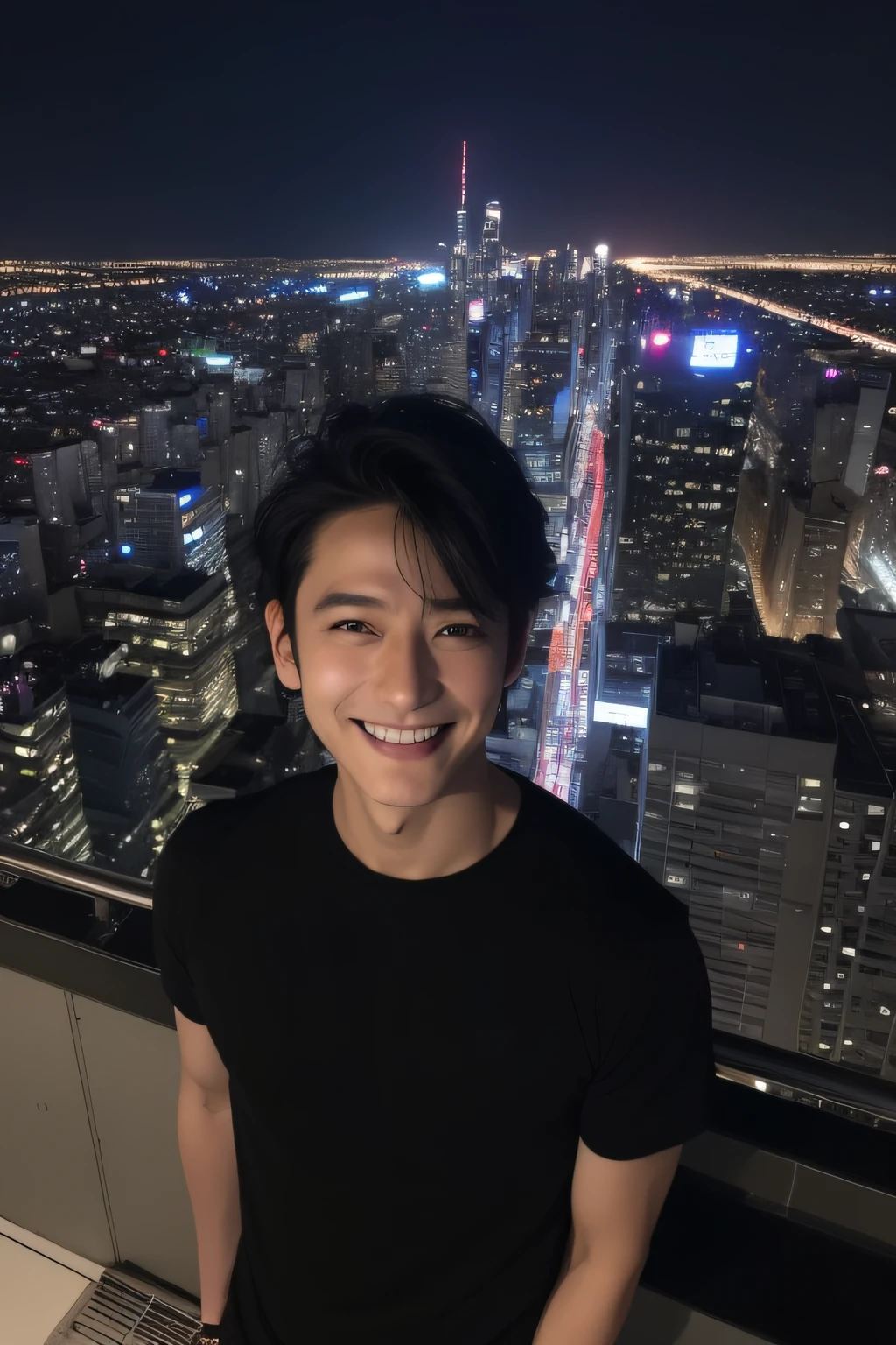 ((mid night、top-quality、8K、masterpiece:1.3)), full body Esbian, long legged, foco nítido:1.2, Beautiful man with perfect body shape:1.4, A slender, (Black hair), (Black shirt standing:1.2), ((Night City View、On the rooftop:1.3)), Highly detailed facial and skin texture, A detailed eye, 二重まぶた、frontage、twinks、a smile、Center division