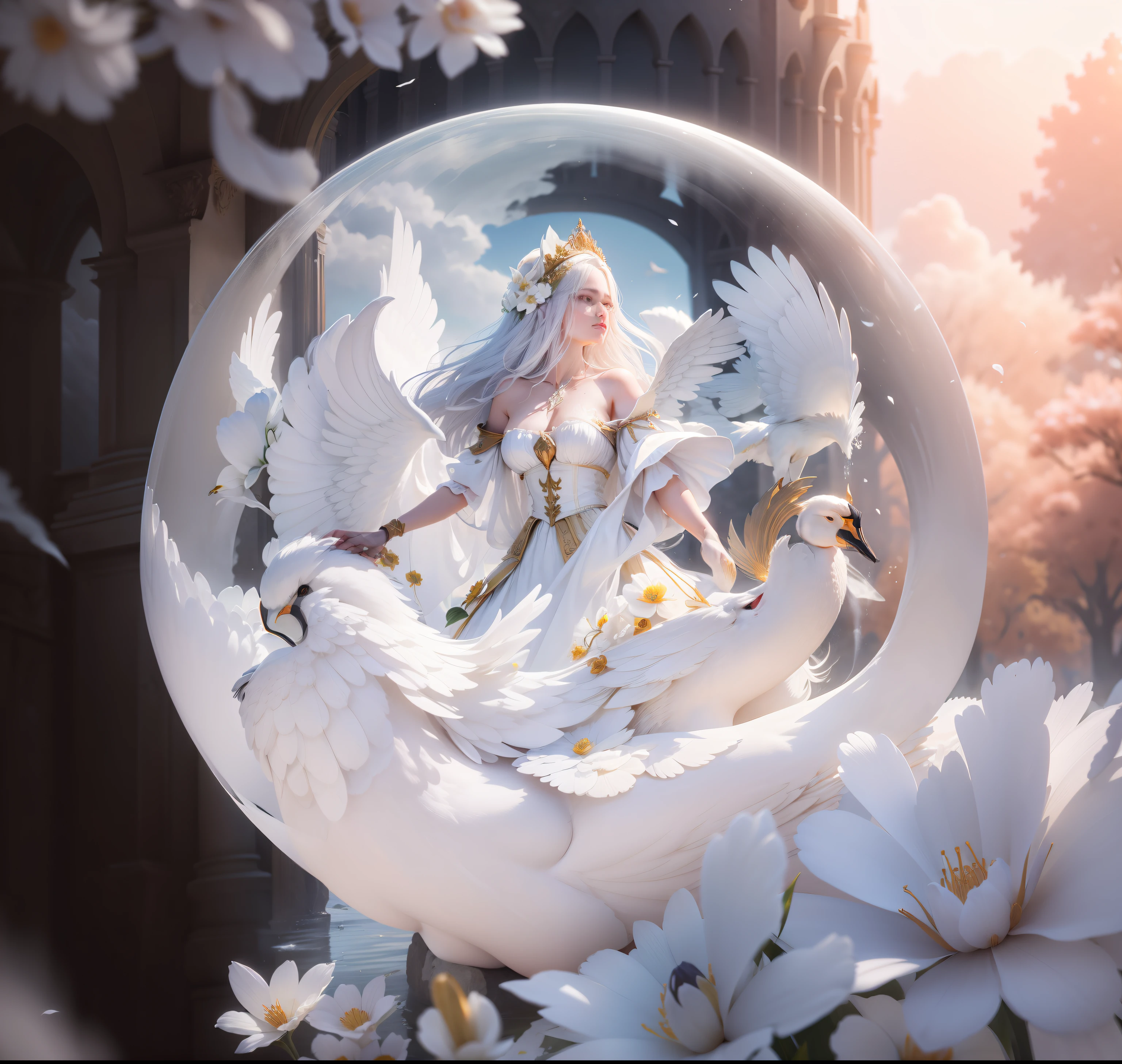 Flowers like castles from a golden spring tower over a beautiful Lady fare, in the spring of eternal youth she bathes her alabaster form to a symphony of trumpeter swans the flay in the sunbeam shy of assure and cotton cloud A extreme 90 meters long shot octane render, high quality hyperdetailed 24k photorealistic
