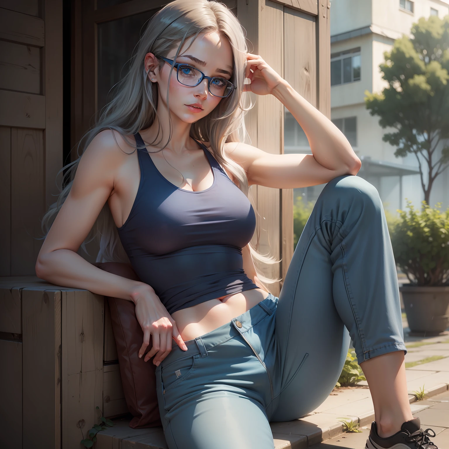 1 girl, blue eyes, glasses, mature face, blue tank top, knee pants, bluesea hair, outdoor, rainy day, realistic, ultra detailing