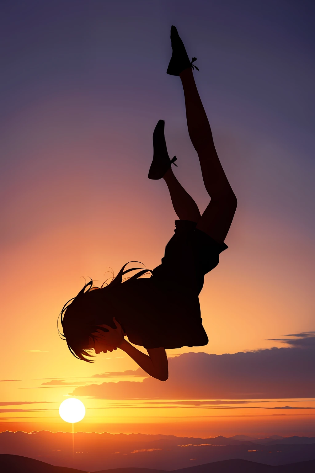 The silhouette of a man falling from thousands of miles in the afterglow of the setting sun atmospheric perspective