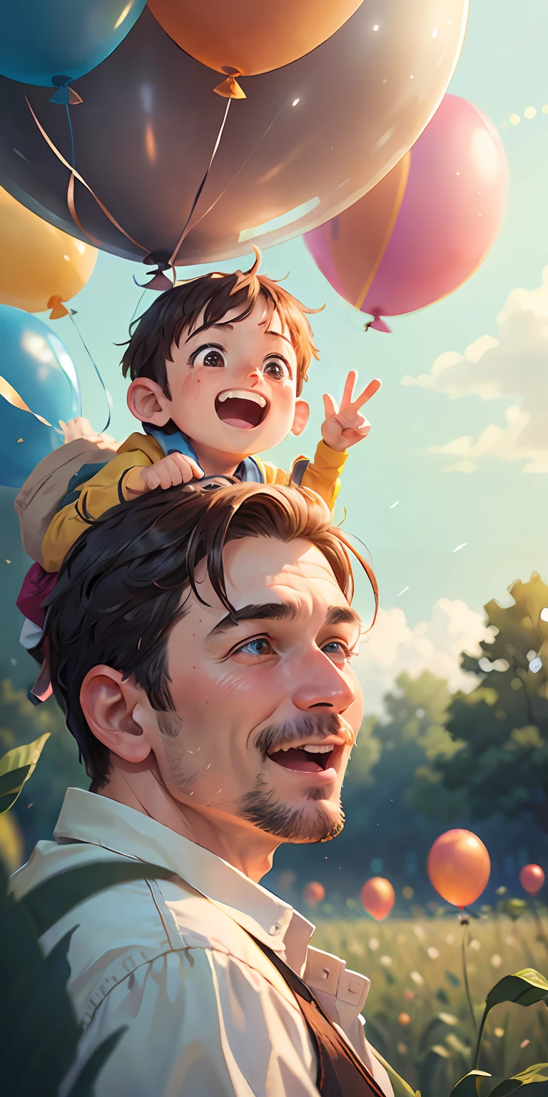 A father and son, son riding on the father's shoulders, field outing, many balloons, happy, happy, perfect quality, clear focus (clutter-home: 0.8), (masterpiece: 1.2) (Realistic: 1.2) (Bokeh) (Best quality) (Detailed skin: 1.3) (Intricate details) (8K) (Detail Eyes) (Sharp Focus), (Happy)