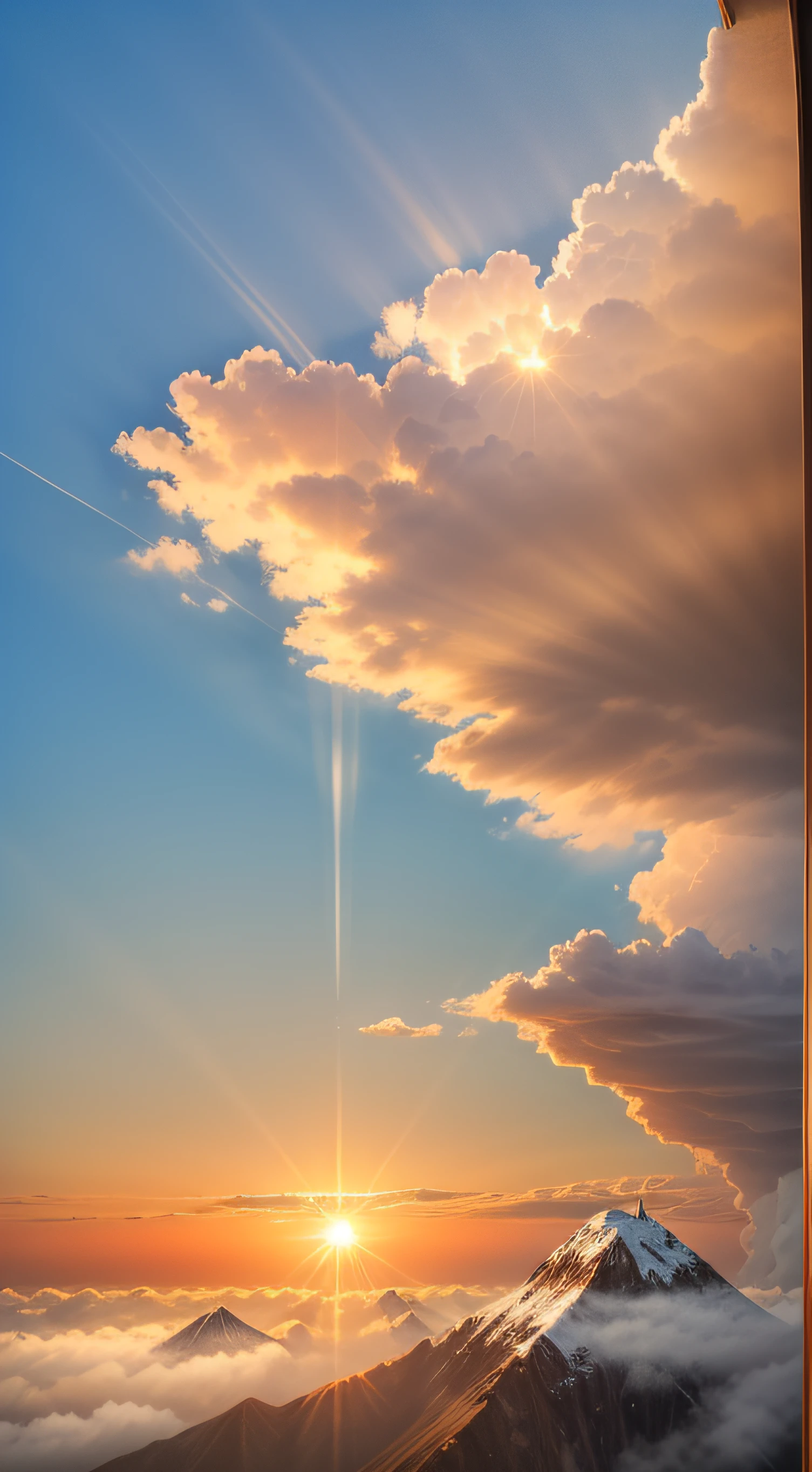 A view of the top of the mountain at sunset, where there are shoots from other mountains that are also visible, there is a cloud mist lower than the top of the mountain, the rays of sunlight from the end of the horizon look very beautiful golden, the color gradation between the blue sky and the golden sun is very beautiful to look at, BREAK, (there is a girl with a backpack looking towards the sun, He looks smaller standing on the top of his own mountain, his hair fluttering in the wind)