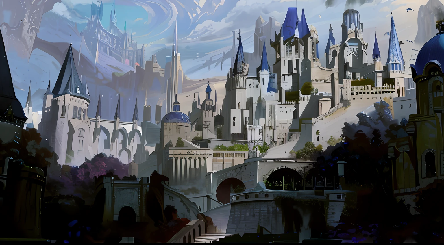There is a castle painting with many windows,High fantasy castle on the plain,elven palace of ghemathar,Epic castle with soaring spires,Architecture full of fantasy,Futuristic style castle,fantasy capital city,fantasy concept art,Magic the Gathering Concept Art,High fantasy matte painting,high fantasy concept art,