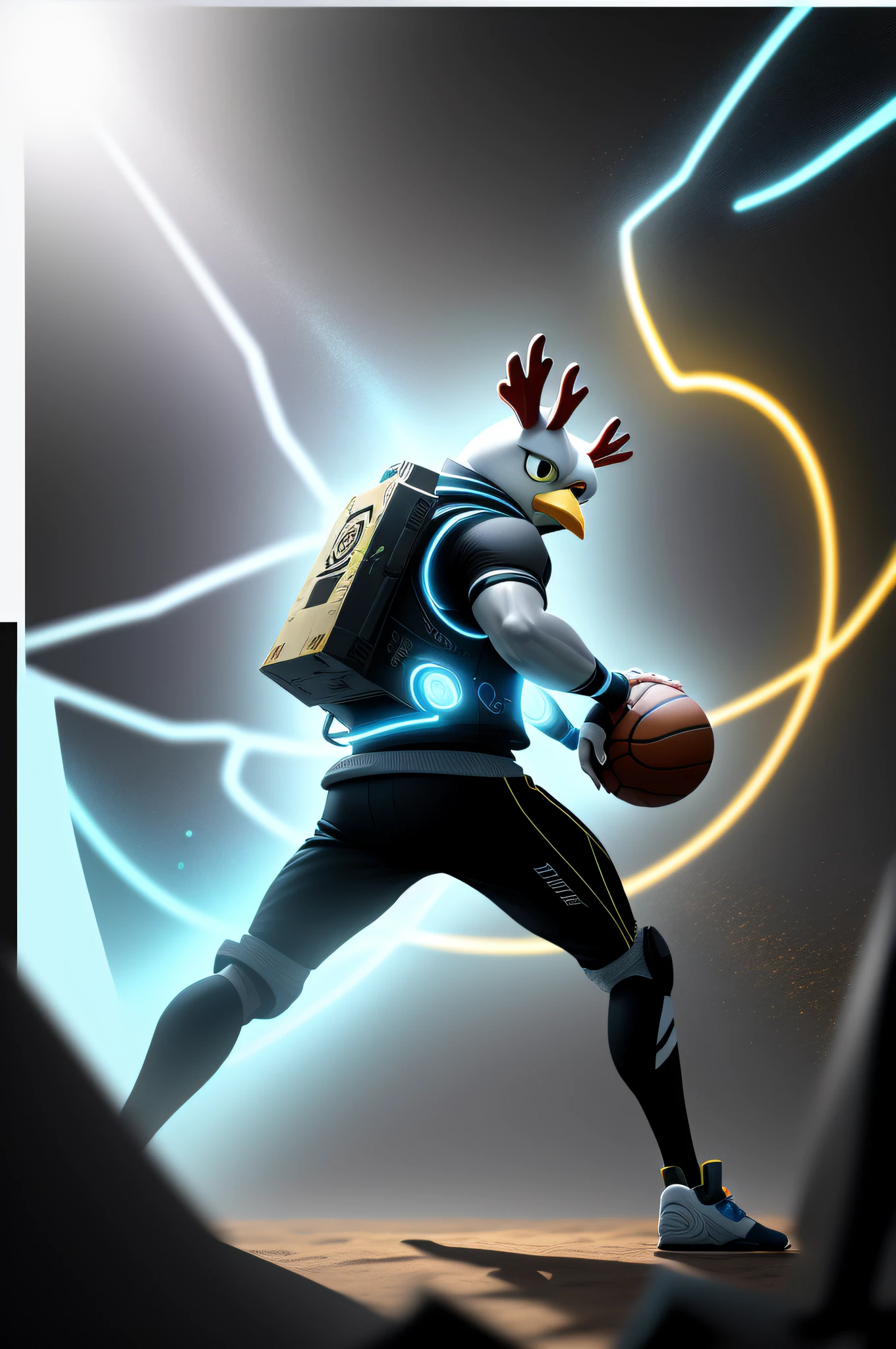 Anthropomorphic chicken playing basketball，the complex background，Fantastic background，There are artistic overlays，Anthropomorphic chicken playing basketball，Face away from the camera，Turn Back，8K,tmasterpiece，HighestQuali，Ray traching，NVIDIA RTX，Hyper-Resolution，Unreal 5，sub surface scattering，PBR textures，Post-processing，Anisotropic filtering，depth of fields，Maximum clarity and sharpness，Many-Layer Textures，Albedo e mapas Speculares，Surface coloring，Accurately simulate light-material interactions，perfectly proportions，rendering by octane，twotonelighting，Low ISO，White balance，trichotomy，Wide aperture，8K raw data，High-Efficiency Sub-Pixel，sub-pixel convolution，Luminous Particle，