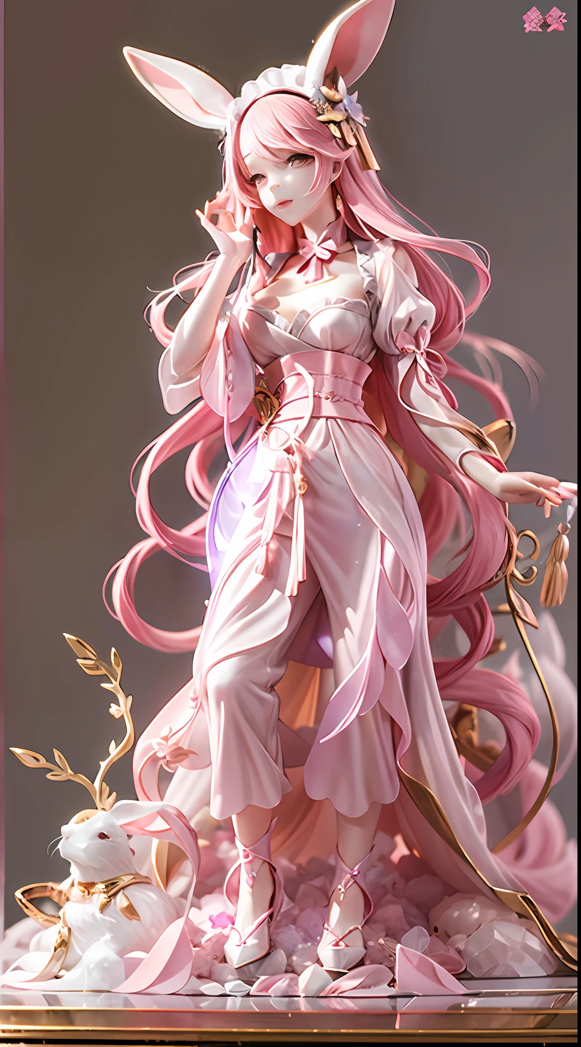 Crystal statue of a playful maid with long rabbit ears,Pink Long Hair,whiteapron,amazing body,pronounced feminine features,plumw,Delicate skin