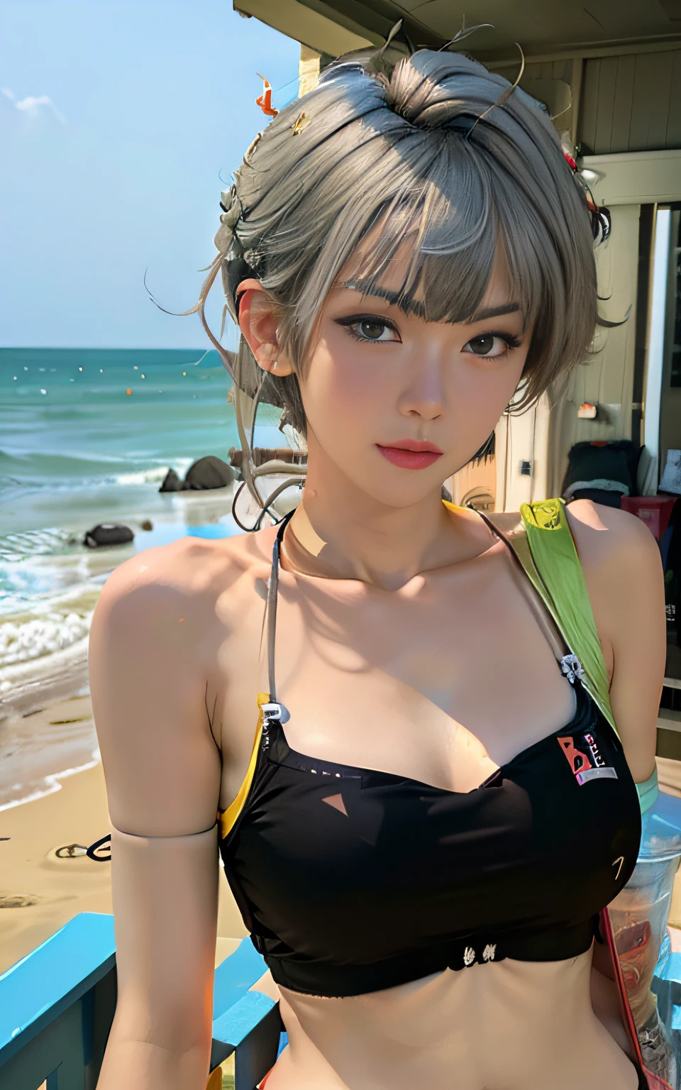 masterpiece, top-quality, Anime Art, 独奏, 1girl, jolynejojo, A half body, digitalart, masterpiece, Gray hair, trimming, bra very, The bikini, the beach
