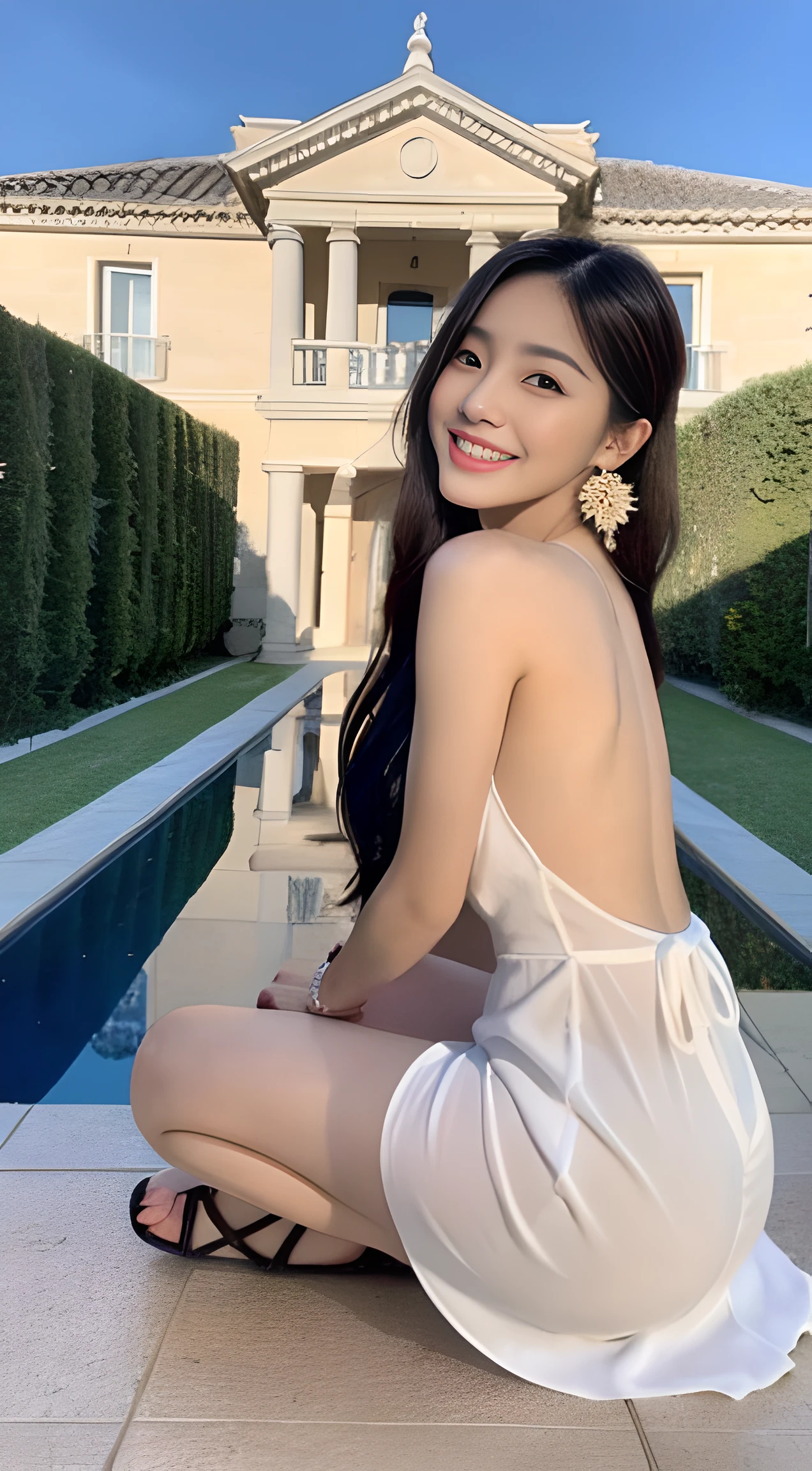 A young and beautiful,Beautiful cute girl,half-body photo。Extremely beautiful and delicate,Black color hair,A sweet smile,Delicate and beautiful fair skin,Realistic and realistic,exquisite and complete facial features,Detailed depiction of the face,tall nose bridge,Smooth hair,extremely detail hair,Feminine temperament,with a well-proportioned body,Realiy,White teeth,Tied up with hair,Hyper-realism,sandals,Extreme picture quality,Highest precision,Precise and perfect human anatomy。with blue sky and white clouds,rays of sunshine,(Backless nightdress)In a luxury villa,Fundo sala de estar(telephoto shot,)Highlight portrait。Wearing earrings,Sideways photo