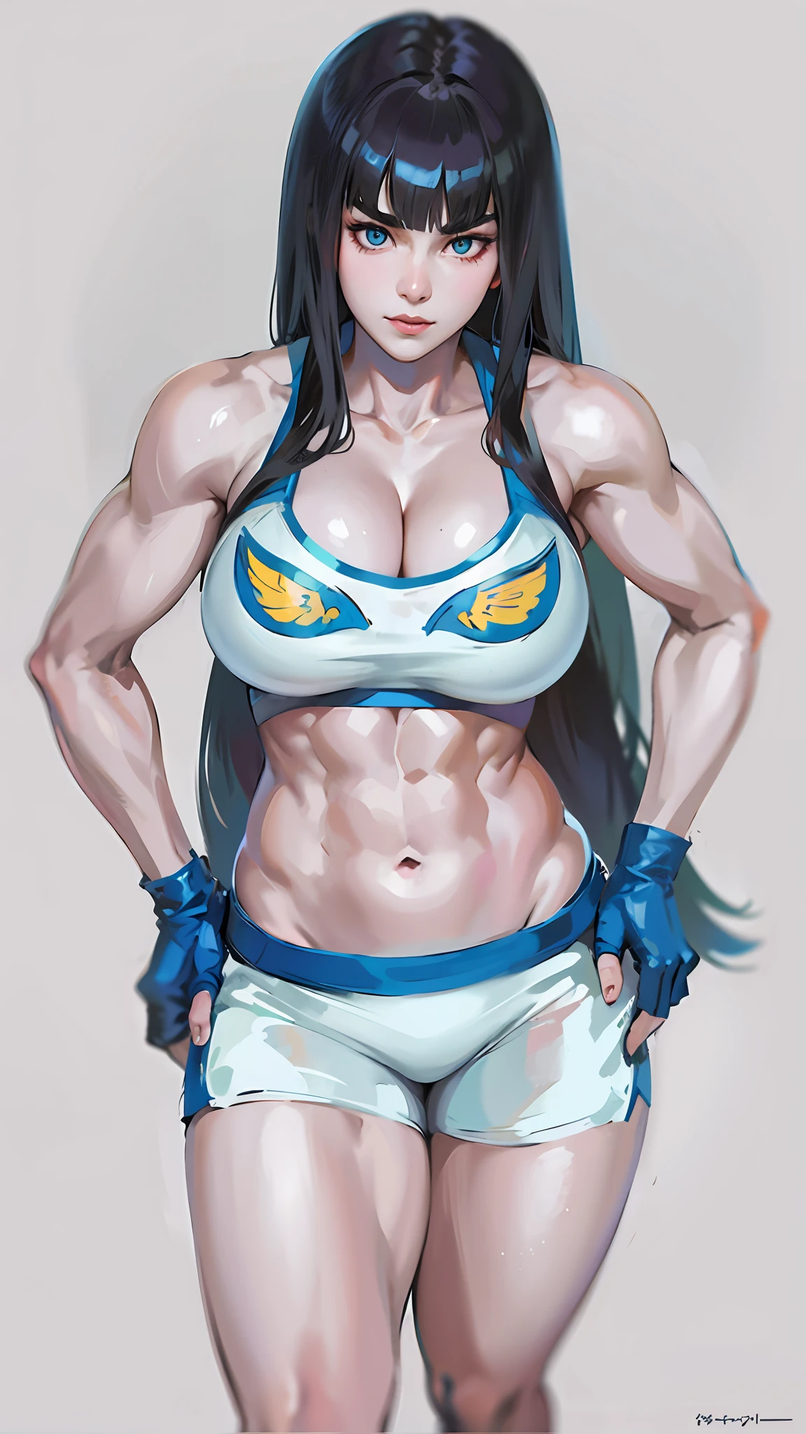 anime girl with long black hair and a white shirt, lit from behind, beautiful anime girl squatting, ahri, bending over, extremely detailed artgerm, commission for high res, painted in high resolution, black - haired mage, kill la kill illustration, seductive anime girl, [ 4 k digital art ]!!, thicc, satsuki kiryuin, kill la kill, thick eyebrows, blunt bangs, muscular, abs