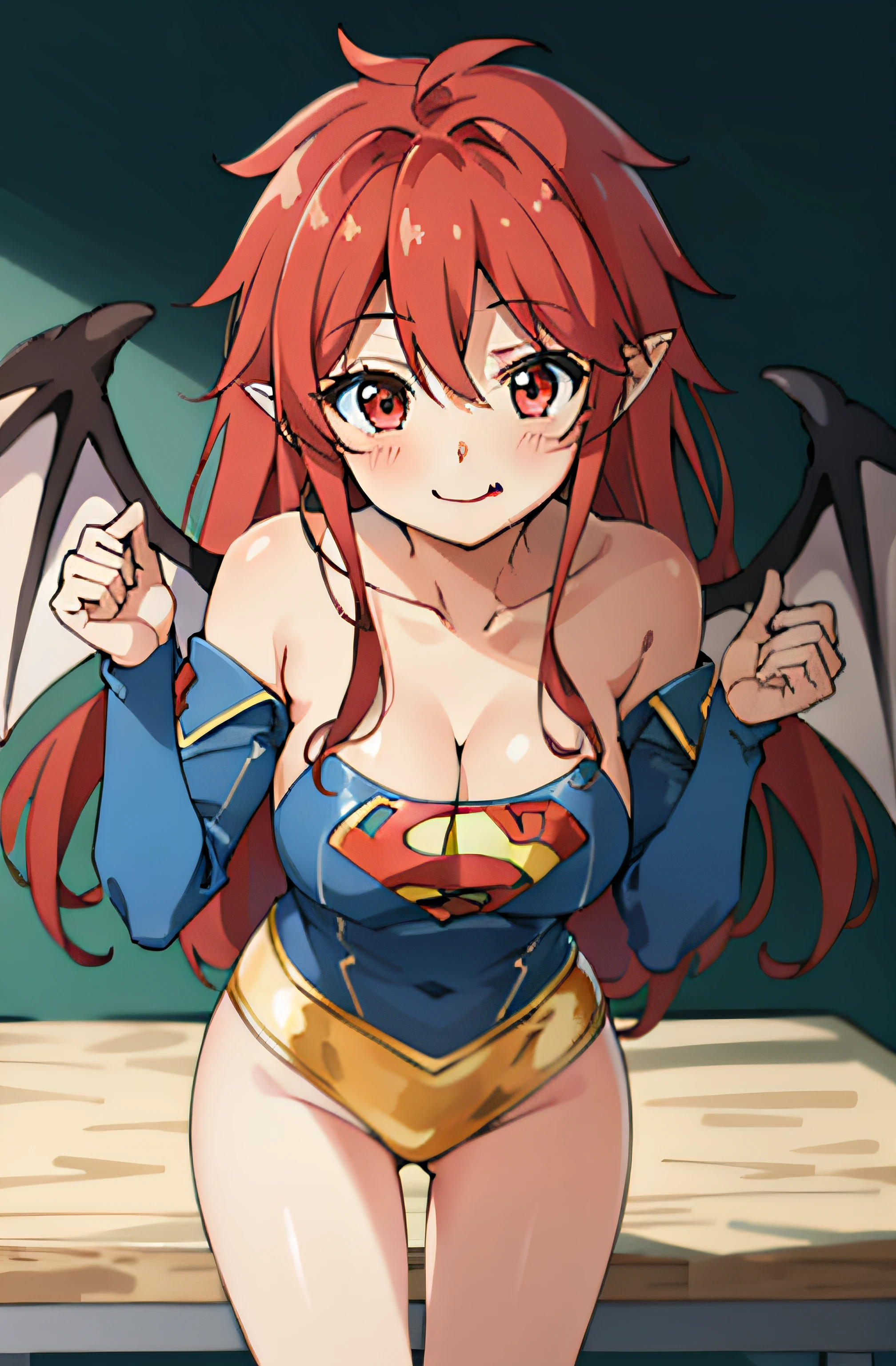 MariSetogoya, 1girl, smile, solo, long hair, red eyes, red hair, wings, pointy ears, fang, bat wings, demon wings, looking at viewer, blush, smile, large breasts, collarbone, standing, dynamic pose, 8k, masterpiece, best quality, absurdres, perfect anatomy, cinematic lighting, cowboy shot, (supergirl costume:1.1), Model Face