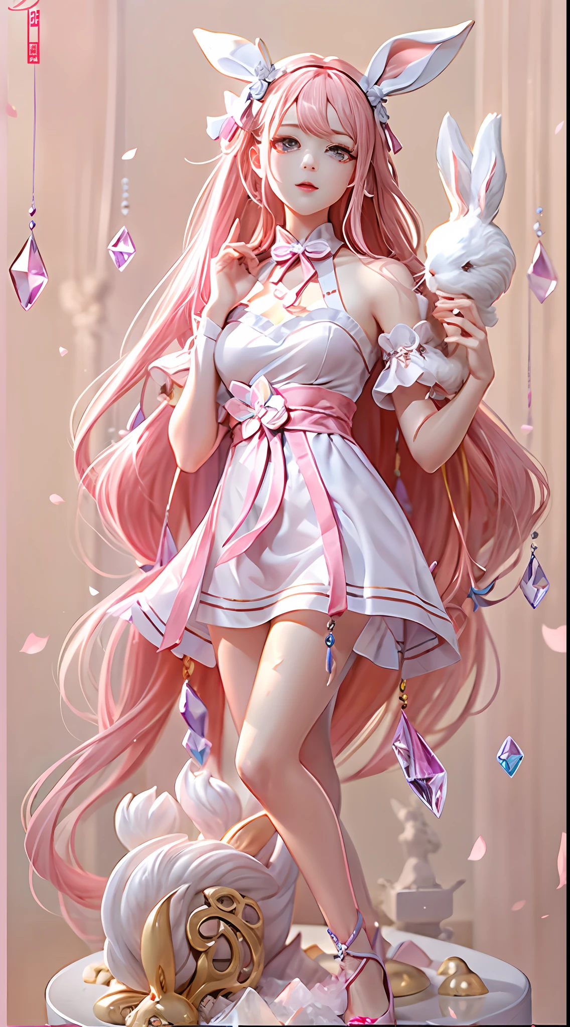 Crystal statue of a playful maid with long rabbit ears，Pink Long Hair，whiteapron，amazing body，pronounced feminine features，plumw，Delicate skin