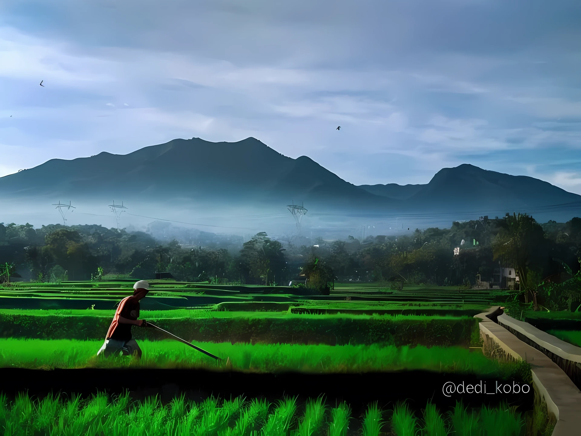 arafed man walking through a field with a stick in his hand, idyllic and fruitful land, malaysia with a paddy field, ❤🔥🍄🌪, rice paddies, inspired by Steve McCurry, very beautiful scenery, by Basuki Abdullah, beautiful morning, by Abidin Dino, beautiful scenery, green fields, scenary