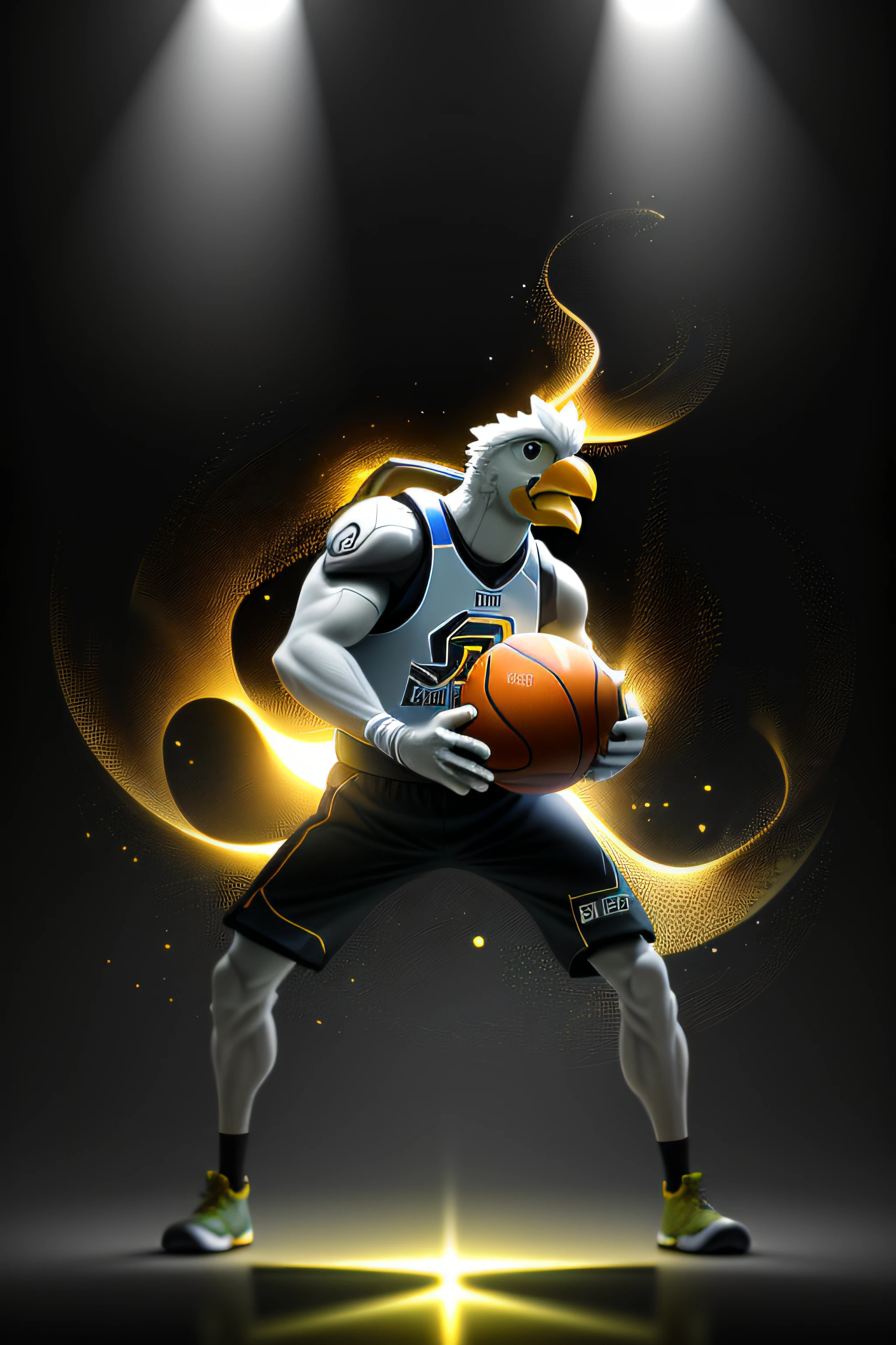 Anthropomorphic chicken playing basketball，the complex background，Fantastic background，Golden chicken，Golden special effects，Golden，god light，There are artistic overlays，Anthropomorphic chicken playing basketball，Face away from the camera，Turn Back，8K,tmasterpiece，HighestQuali，Ray traching，NVIDIA RTX，Hyper-Resolution，Unreal 5，sub surface scattering，PBR textures，Post-processing，Anisotropic filtering，depth of fields，Maximum clarity and sharpness，Many-Layer Textures，Albedo e mapas Speculares，Surface coloring，Accurately simulate light-material interactions，perfectly proportions，rendering by octane，twotonelighting，Low ISO，White balance，trichotomy，Wide aperture，8K raw data，High-Efficiency Sub-Pixel，sub-pixel convolution，Luminous Particle，