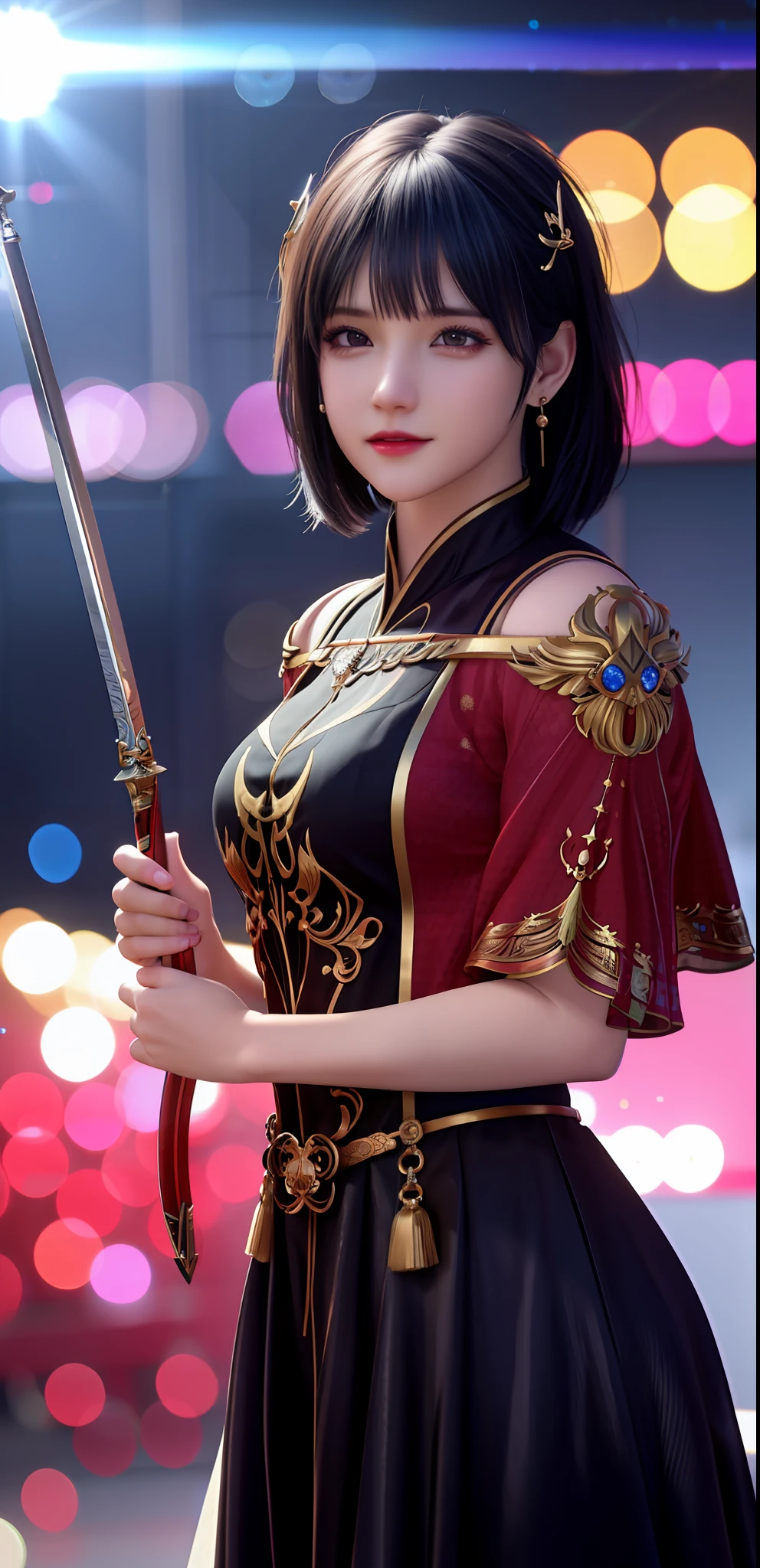 (realisticity: 1.2), best quality, 8K UHD, garena
free fire gameplay, masterpiece, highres, cg,
1girl, kelly awakening, sword, wavy short hair, black hair red polish on the hair below, bermuda island realistic and detailed backgroun,
solo, jewelry, earrings, hair ornament, splashing, upper body,
lighting, candid, Photograph, high resolution, 4k, 8k, Bokeh,