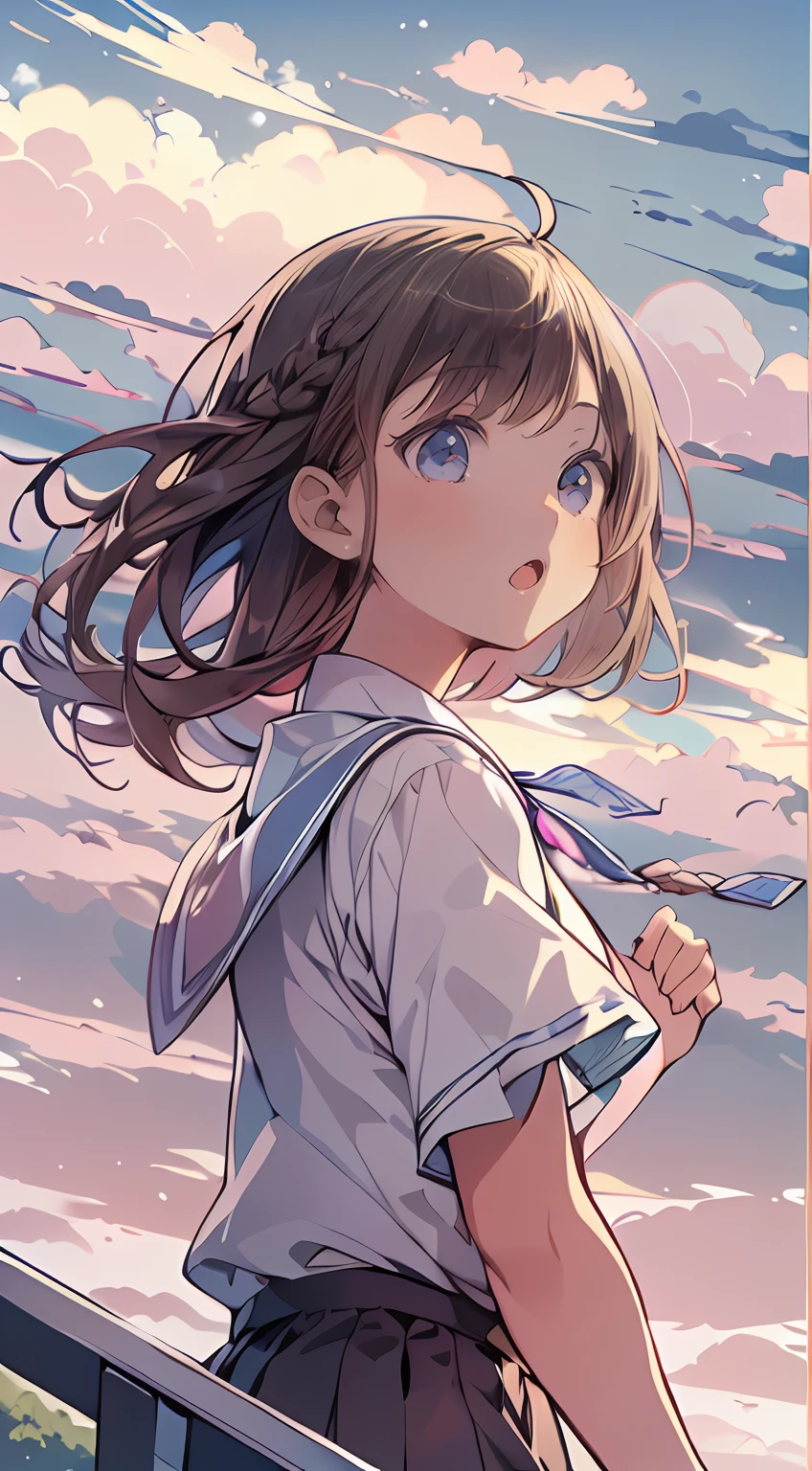 masutepiece, Best Quality,Illustration, Wallpaper, Ultra Detail, absurderes, 1little girl、 Solo, (Medium short hair、short braided hair), Beautiful ultra-detailed eyes , Hair fluttering in the wind、:o、 Beautiful sky、(a panoramic view:1.5)