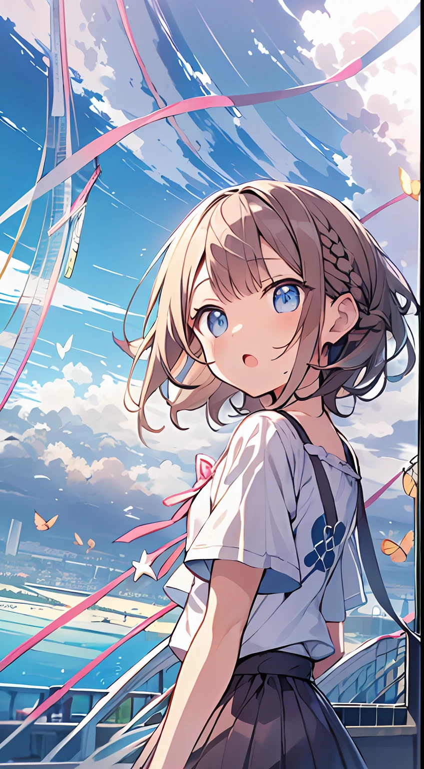masutepiece, Best Quality,Illustration, Wallpaper, Ultra Detail, absurderes, 1little girl、 Solo, (Medium short hair、short braided hair), Beautiful ultra-detailed eyes , Hair fluttering in the wind、:o、 Beautiful sky、(a panoramic view:1.5)