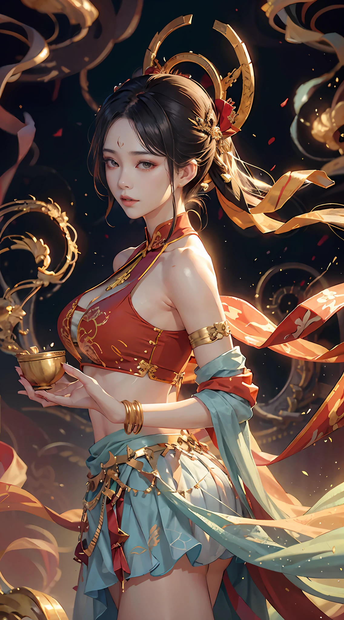 (RAW photos,best qualtiy),8K(realisticlying,photograph realistic:1.3),Extremely refined and beautiful,astounding,finedetail,tmasterpiece,hyper-detailing,A high resolution,(Most Best Illustration),(best shadow),iintricate,(In a crimson gold Chinese dragon,There is gold dust around,Black flowers,the trees,petals,ventania,Oh, God,Long wavy body,fang,fanciful,mito,high high quality,highly detailed,tmasterpiece,epic,particle effect,Dynamic effects,(drak:1.4)Front),Clouds,firestorm,mountain ranges,the sunset,sharp fokus, volume fog, 8K UHD, digital SLR camera, high qulity, (filmgrain:1.4), 富士XT3,offcial art, Unity8k wallpapers, ultra - detailed, Beautiful and beautiful, best qualityer, (Zen entanglement, tangled, entangled), (s fractal art: 1.4), 1girll, brunette color hair, chino, exposed bare shoulders, short skirt, small thighs, nabel, The is very detailed, dynamic angle, cowboy lens, (The most beautiful chaotic shape), flowing, (Bright colors), OC, (halfway: 1.2), Chinese big breasts, (tape: 1.3), (dream: 1.5), (Hanfu: 1.5), chinesedragon,(ssmile: 0.5), (Chinese God), realisticlying, 超A high resolution, 复杂, hyper-detailing, (dent in the skin), femele, Detailed body, (Detailed face: 1.1), (contoured iris), (Watercolor lenses), (perfect eyes), 4k, opulent, (tmasterpiece: 1.2), (best qualtiy:1.2), Wide buttock, thick thight, (Large breasts:1.2) big breasts and big breasts (huge tit:1.2), slutty, tempting pose。,(master piece:1.2,high high quality)