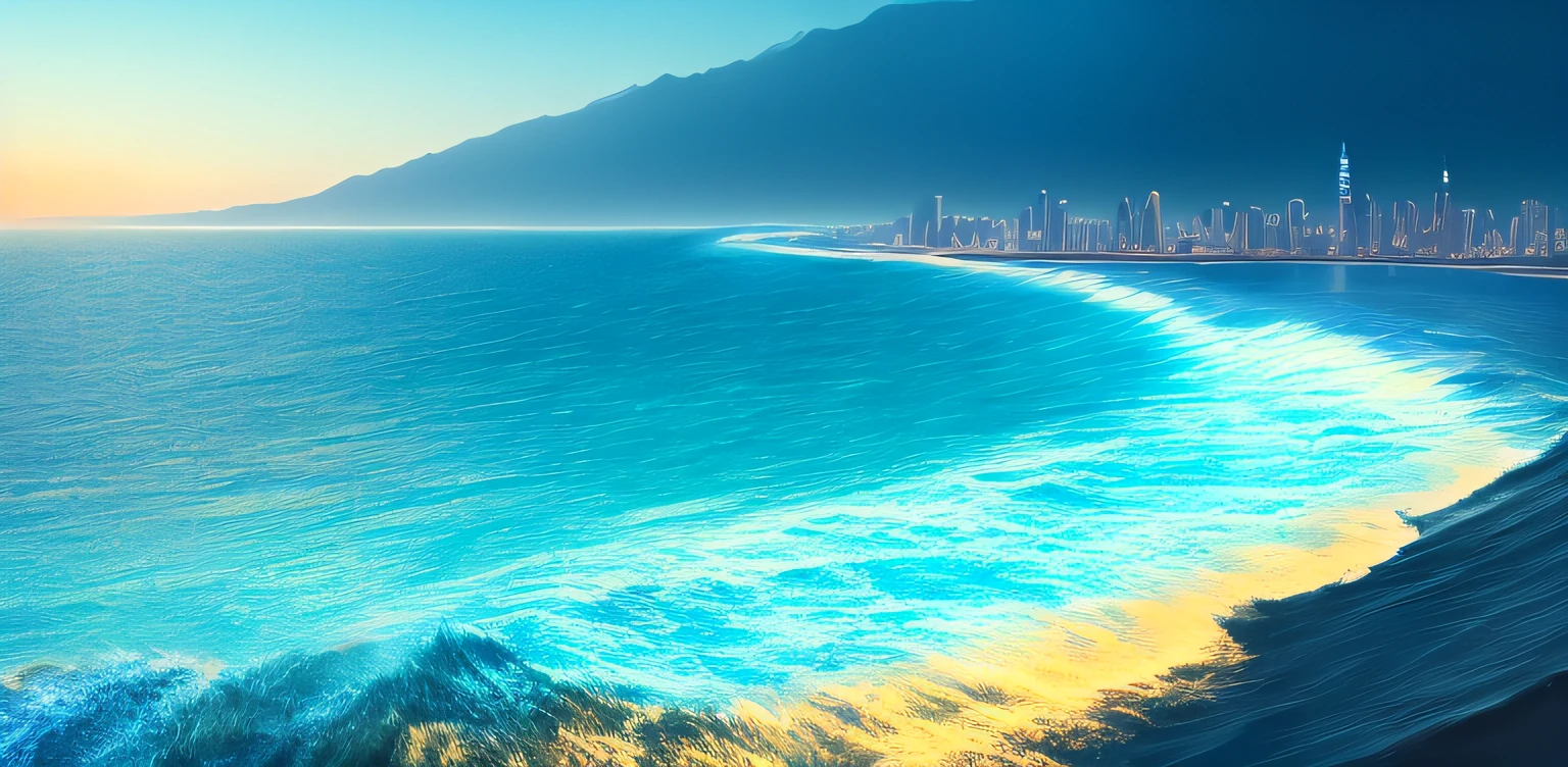 Sea blue,pale-blue,blue colors,Enjoy an Alavid view of the city skyline from the high vantage of the waves, glow wave, Ultra detail. Digital painting, sand swirling, shimmering iridescent water, glowing water, glowing reflections, wavy water, gold refractions off water, gold and blue, cinematic blue and gold, abstract photography, 8K wallpaper, 8 k wallpaper, in stunning digital paint
