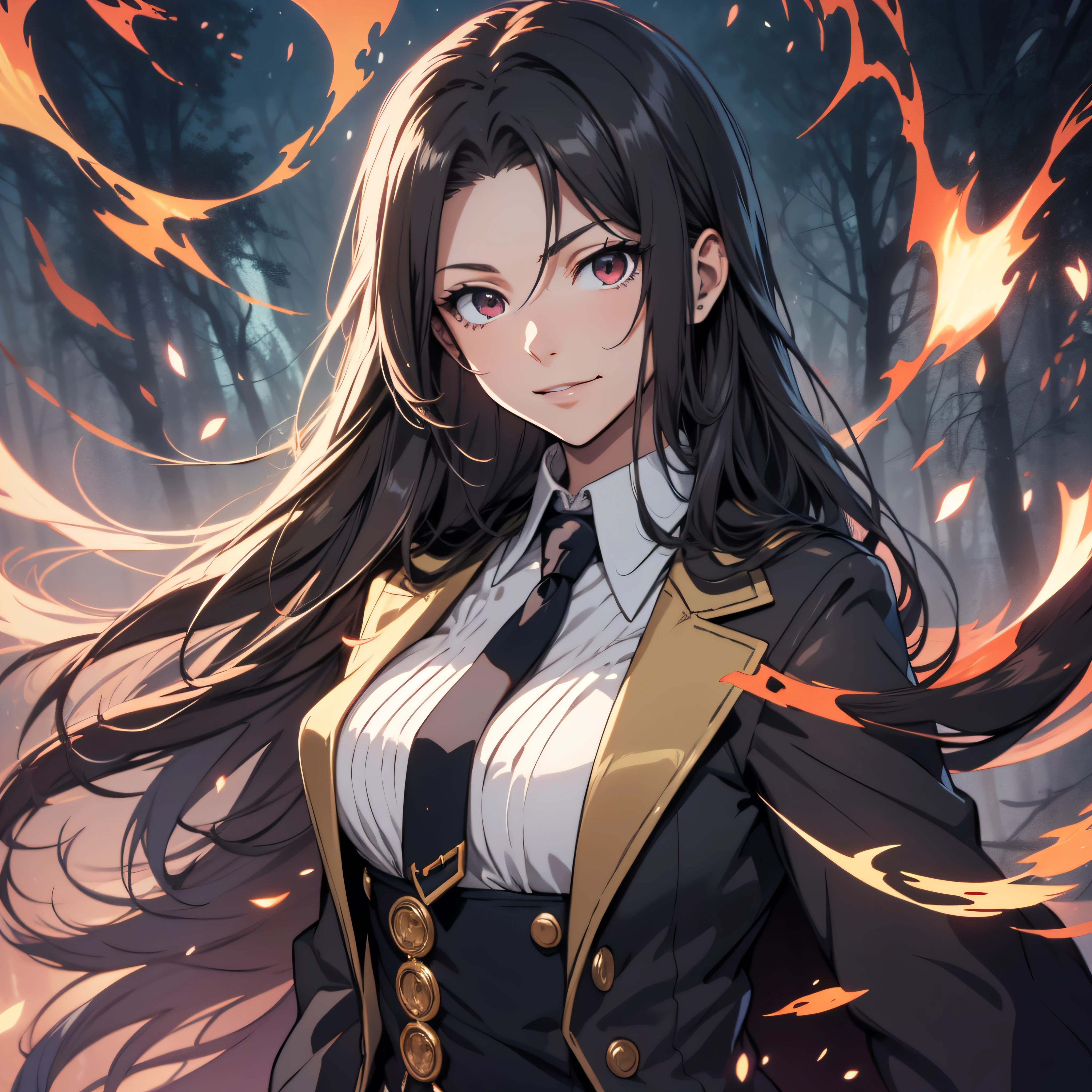(ultra-detailed, perfect pixel, highrest, best quality), 20 years old Anime girl, smooth anime artstyle, long raven hair, slightly wavy hair, parted bangs, black hair, gradient hair color, Magus, red eyes, detailed eyes, beautiful eyes, long black coat, ((white shirt)), ((neckwear, long tie)), black skirt, aristocrat, noble attire, beautiful, ethereal, elegant, prestigious, dark forest background, particle effect, fire flame, lightning, magic light, standing, half body, beautiful smile, looking at viewer