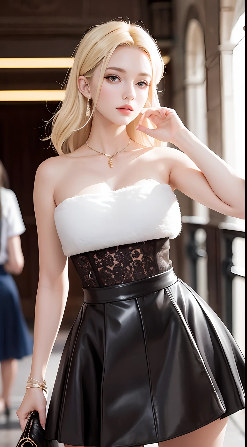 European and American women, A fashion model, Wear a fluffy skirt, Glamour, paparazzi taking pictures of her, Blonde hair, Brown eyes, 8K, High quality, Masterpiece, Best quality, HD, Extremely detailed, voluminetric lighting, Photorealistic