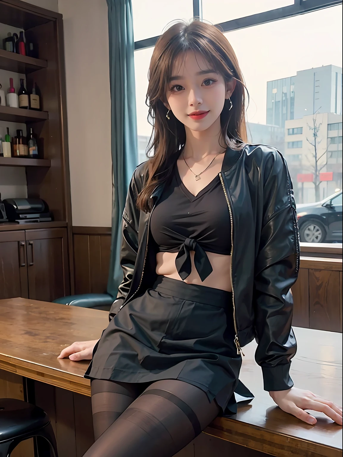 Exquisite, masterpiece, beautiful details, colorful, delicate details, delicate lips, intricate details, large breasts, 1 female, (a beautiful 20-year-old cute Korean woman: 1.1), (kpop idol, Korean mixed), (50mm Sigma f/1.4 ZEISS lens, F1.4, 1/800s, ISO 100, photograpy:1.1), (brunetize: 1.2), (photorealistic:1.4 ), (SPY:1.2), (Open Jacket,Shirt, Skirt,Tie,Black Pantyhose,Christian Louboutin\(Brand\),:1.3), Earrings, Necklace, Armbands, (Tavern, Bar:1.2), (Beautiful Legs, High Girl, Skinny, slim_legs, thigh_gap, Model:1.2), Lens flare, viewed from the front, (Happy smile: 1.1), dynamic pose, (makeup: 1.2), sitting on a bar stool,