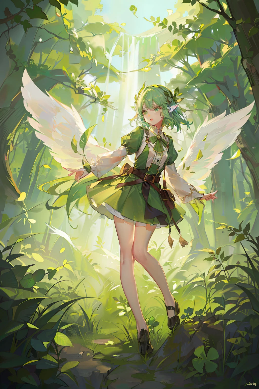ln the forest，the elf，Colorful hair，short  skirt，13 year old，Lots of four-leaf clover，There is light spilling down，transparent wings
