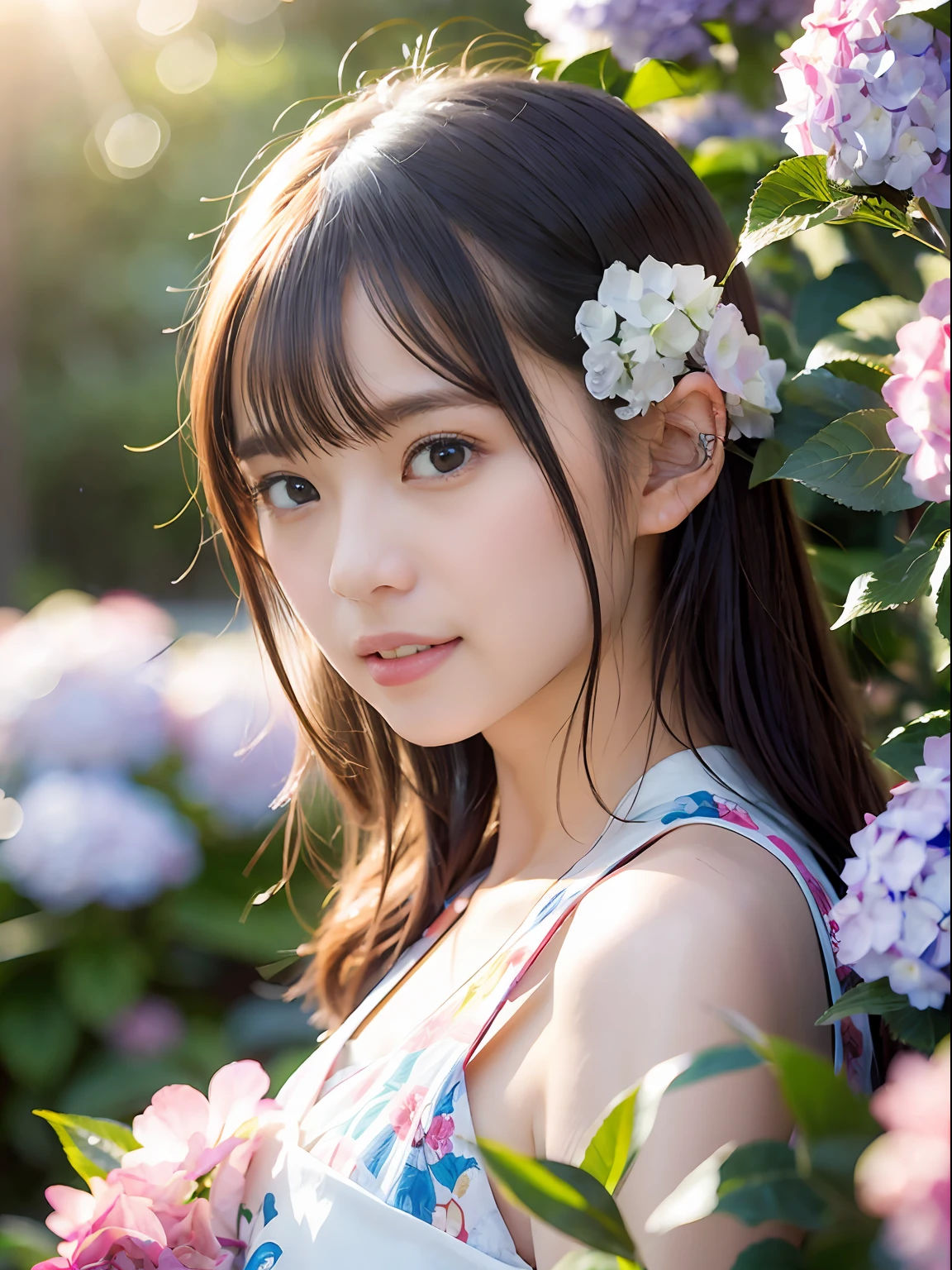 (((Full body photo)))), ((Single eyelid))),((Sunset backlight))),(Lens flare)),(Wearing china clothes)),(((Super Soft Focus)))))), smiling, (Profile))))), (Upward)), twilight, showering, Colorful hydrangea on background, surrounded by hydrangeas, ((soft sunset)), (yinchuan:1.5), masterpiece, best quality, raw photo, photorealistic, face, beautiful girl, cute, short hair, ((((depth of field)))), high resolution, ultra detail, fine detail, very detail, cinematic lighting