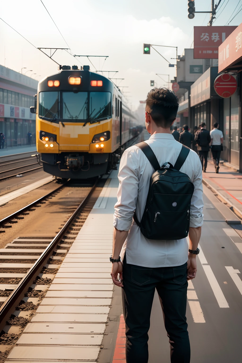 A handcuffed tiger stands on the railroad tracks，Behind him is the Beijing Railway Station，The back needs to be the shops of the Beijing Railway Station and the white Chinese "Harmony" bullet train